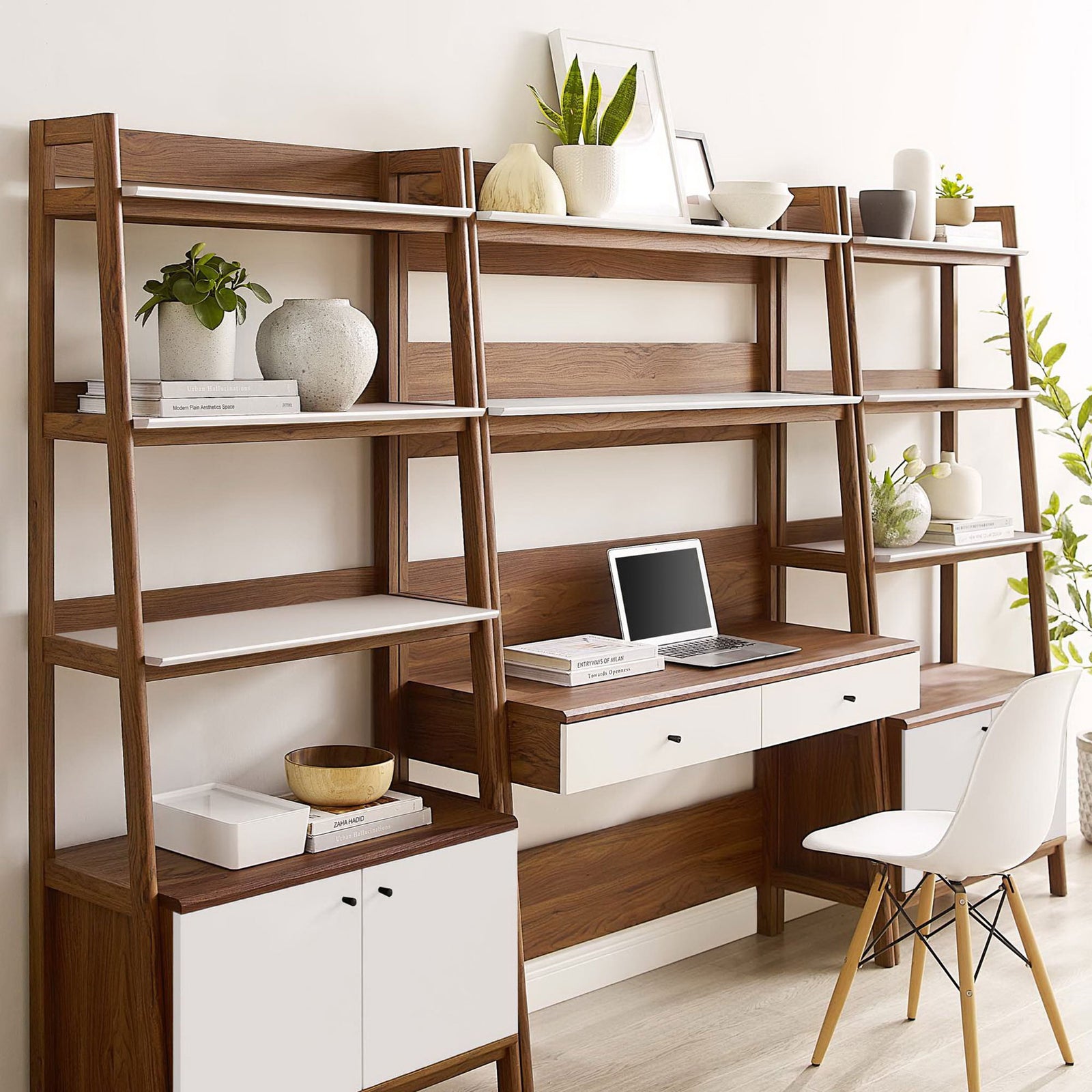 Warm walnut finish contrasts crisp white fronts, showcasing drawers, cabinets, and generous display shelves. || EEI-6115-WAL-WHI || front_angle_room