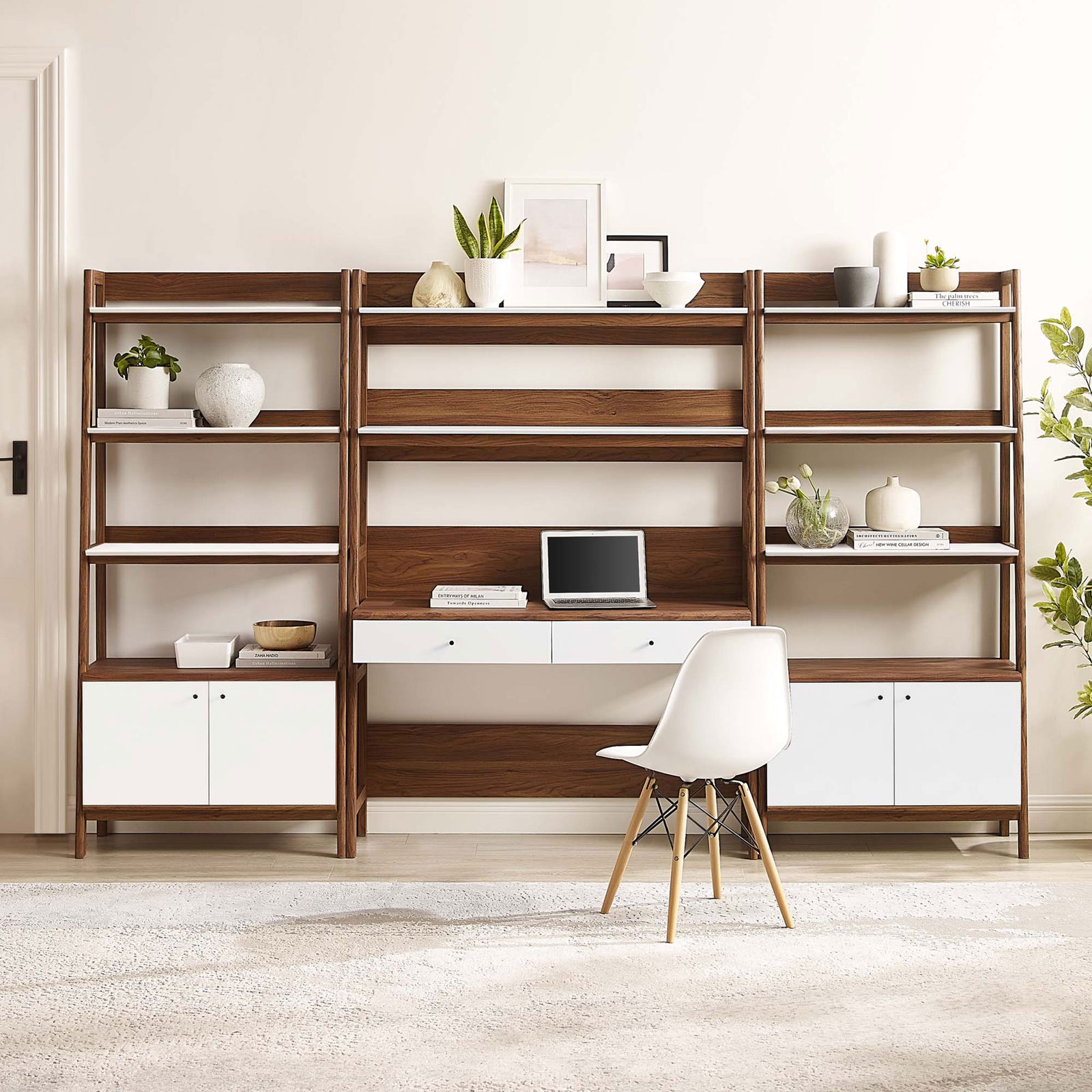 Clean, airy shelving and a center desk create a cohesive workstation with warm wood grain accents. || EEI-6115-WAL-WHI || front_room
