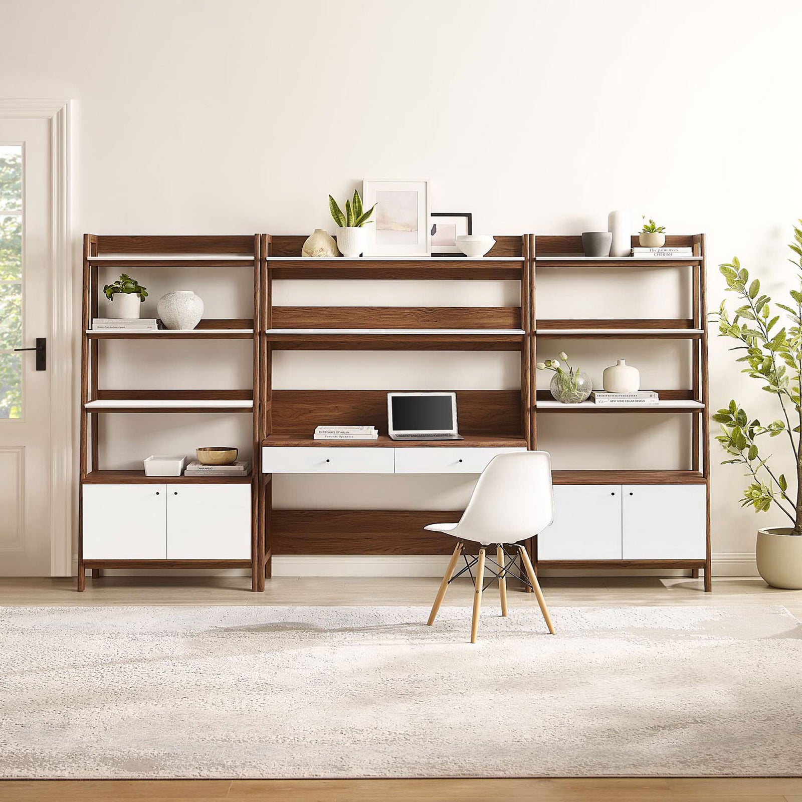 Expansive wall unit pairs open shelves with closed storage for an organized, modern home office. || EEI-6115-WAL-WHI || front_room