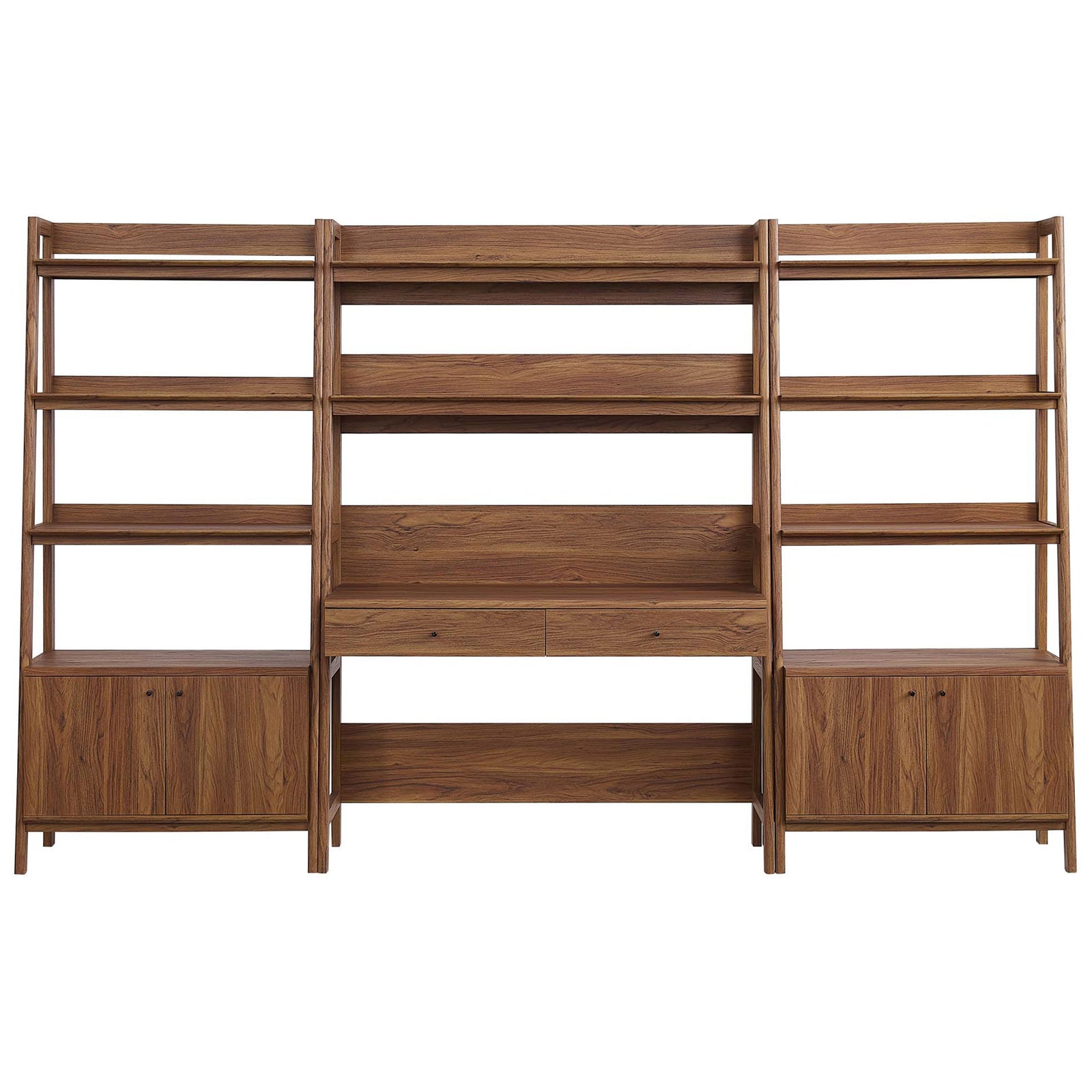 Streamlined walnut desk flanked by twin ladder bookshelves with open shelves and concealed base storage || EEI-6115-WAL || front_studio