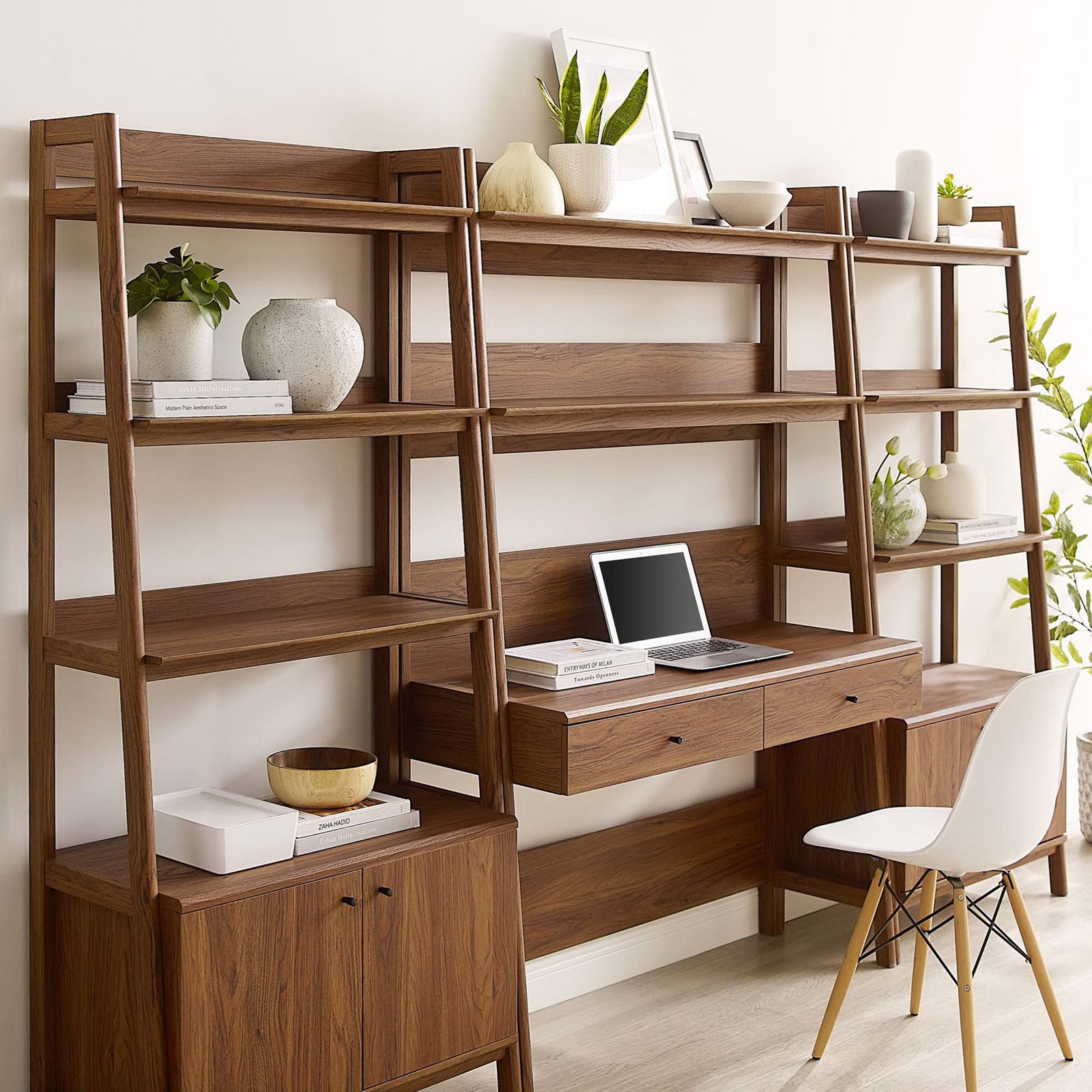 Walnut ladder shelves and a wood-grain desk form a warm, organized workspace for books, decor, and tech || EEI-6115-WAL || front_angle_partial_room