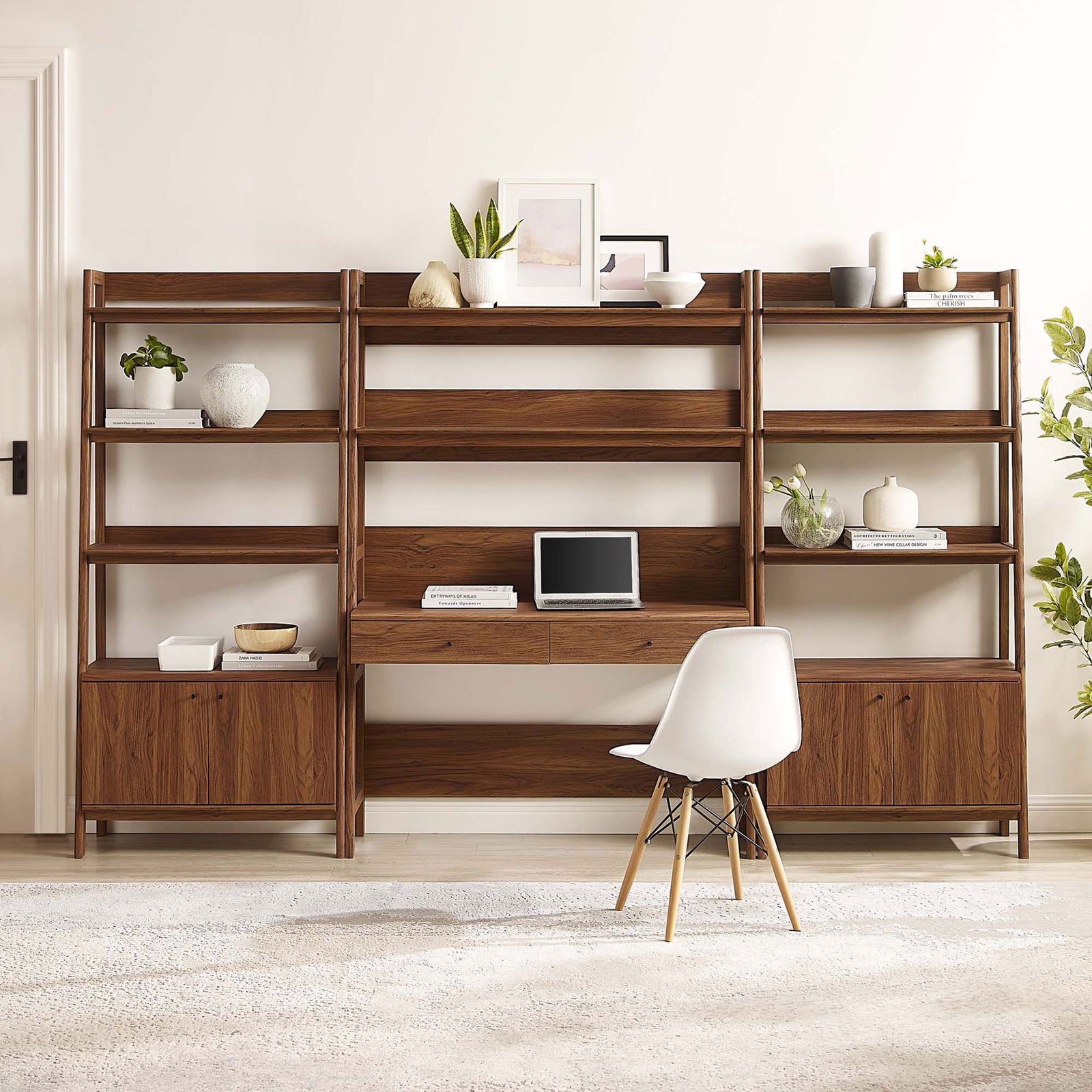 Full 3-piece setup showcases open shelving, mid-century lines, and a central desk in a rich walnut finish || EEI-6115-WAL || front_room