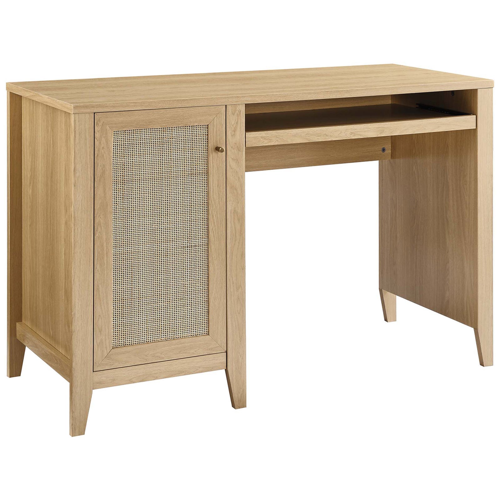 Oak desk with rattan-paneled cabinet and slide-out keyboard tray for a clean, organized workspace || EEI-6116-OAK || front_angle_open_studio