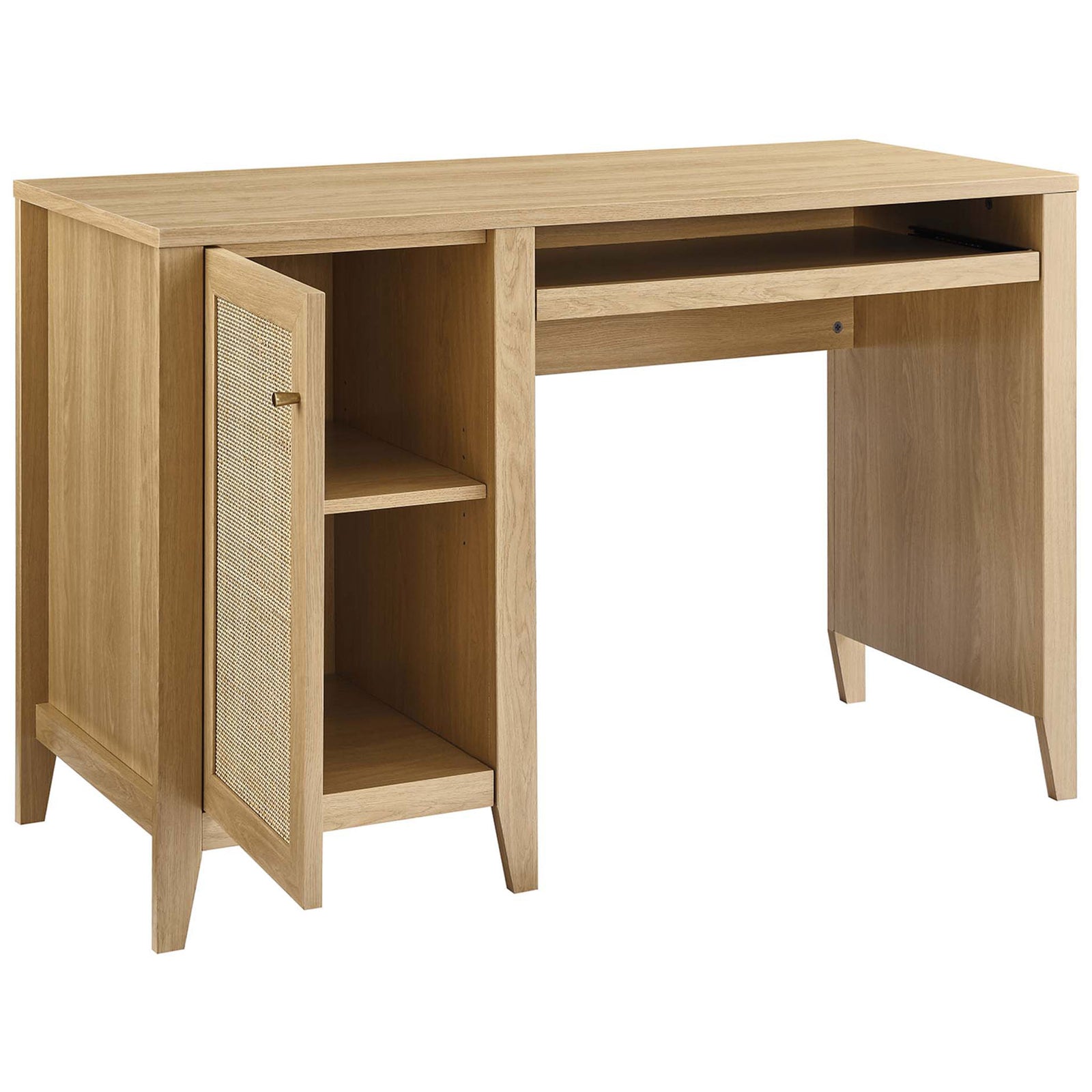 Oak desk with rattan cabinet open to reveal roomy shelving and a smooth-glide keyboard tray || EEI-6116-OAK || front_angle_open_studio