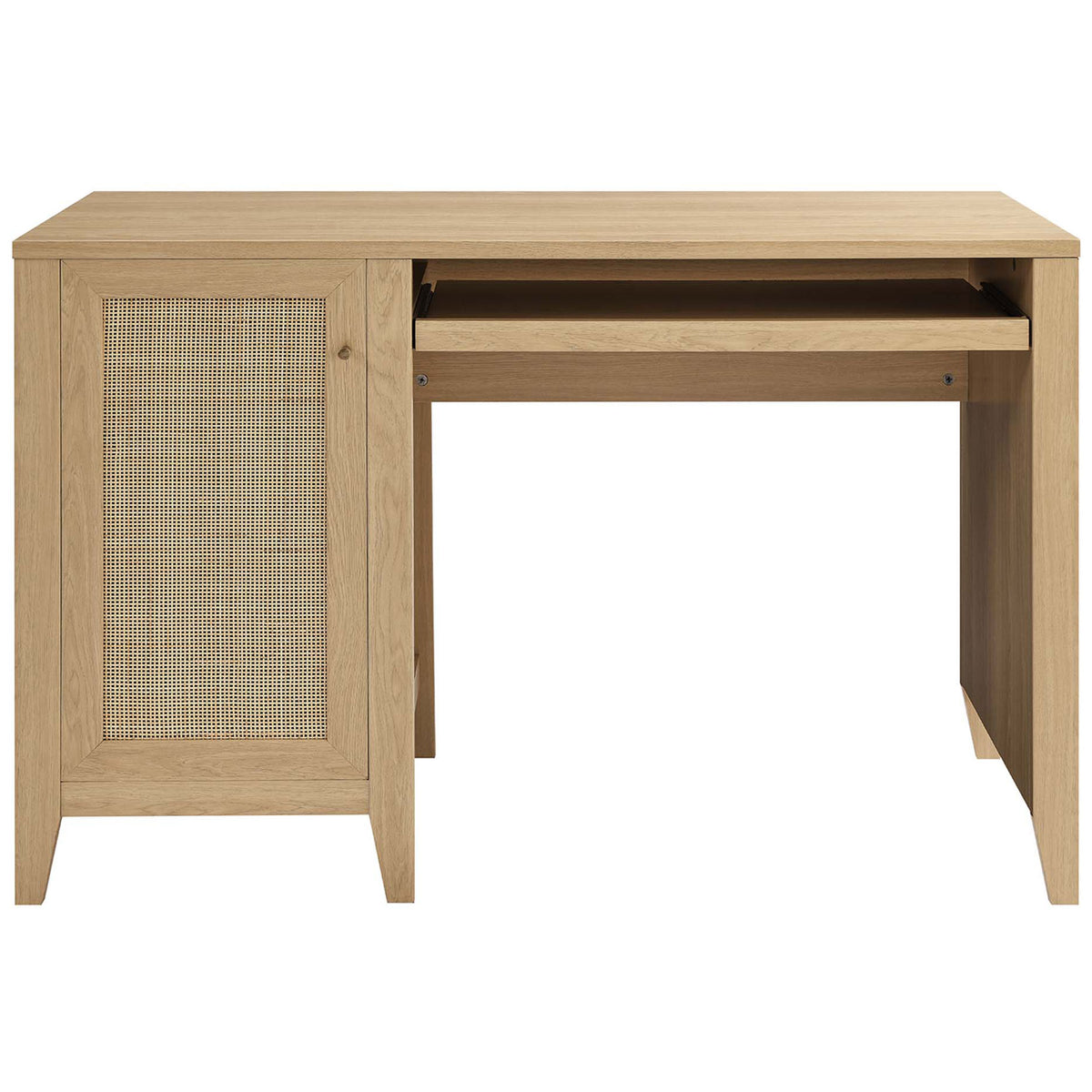Soma desk offers a spacious top, slide-out keyboard tray, and rattan-front cabinet in warm oak || EEI-6116-OAK || front_open_studio