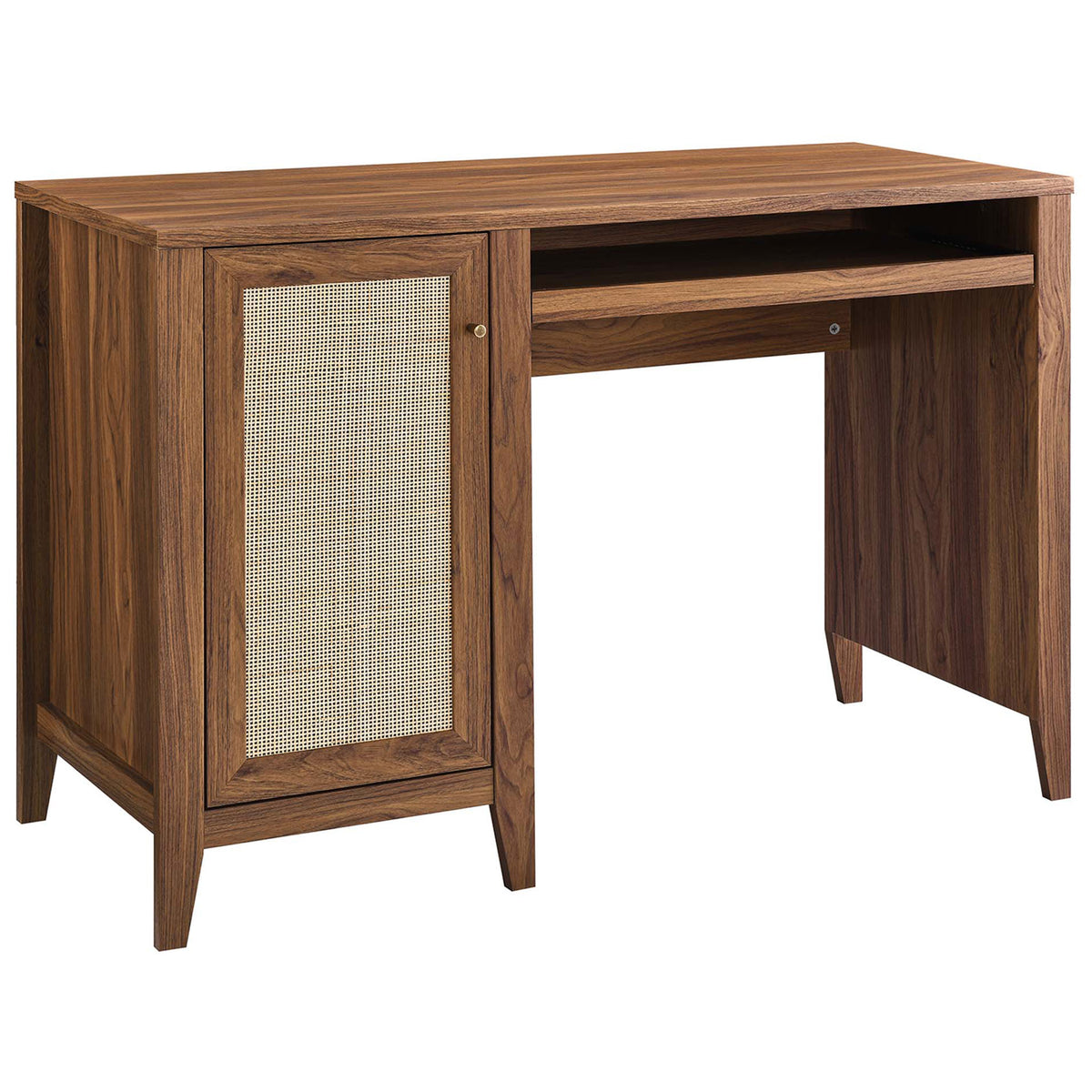 Sleek walnut office desk with rattan paneled cabinet and clean lines || EEI-6116-WAL || front_angle_studio