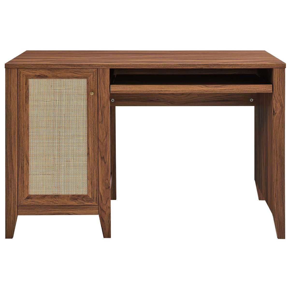 Walnut desk with natural rattan door and slide-out keyboard tray for streamlined storage || EEI-6116-WAL || front_open_studio