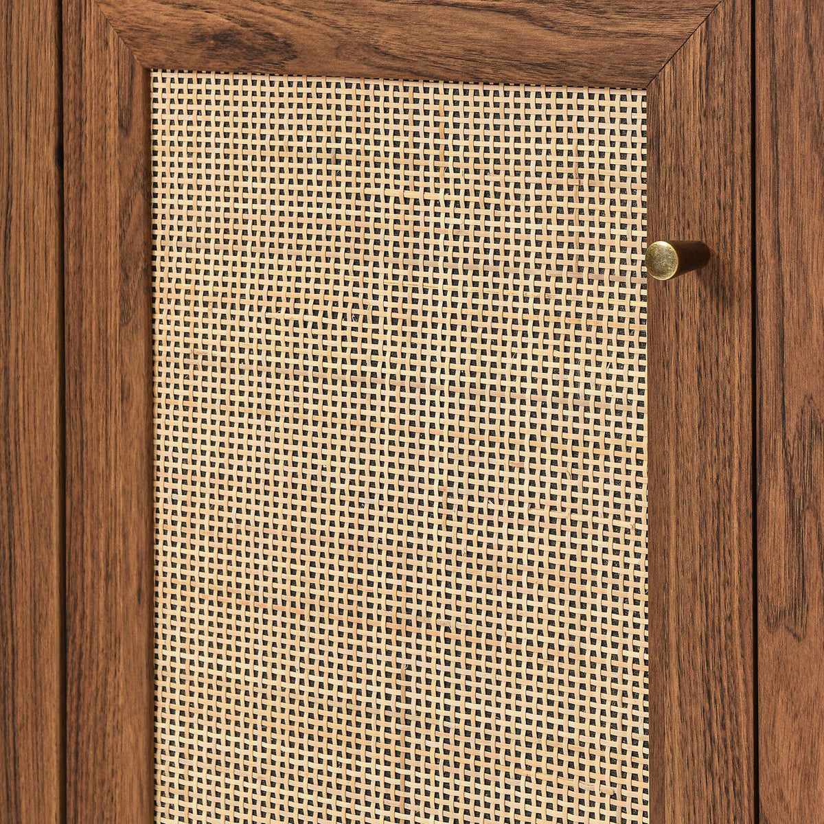 Natural rattan weave framed in walnut with a small metal knob || EEI-6116-WAL || storage_studio