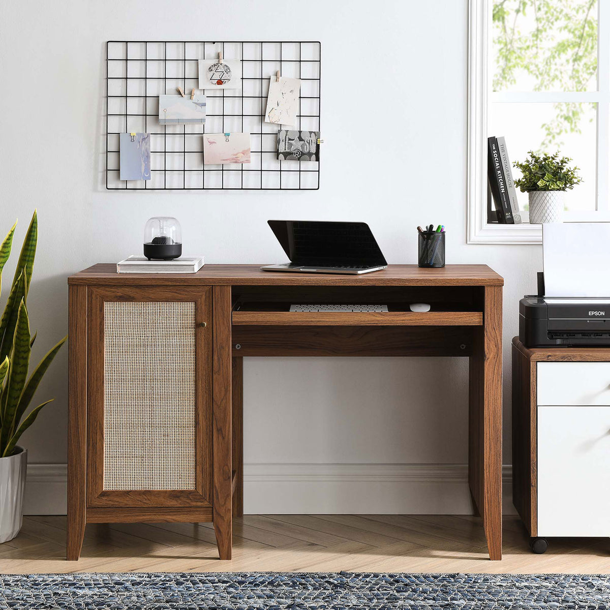 Walnut desk anchors a tidy workspace with keyboard tray and rattan cabinet door || EEI-6116-WAL || front_room
