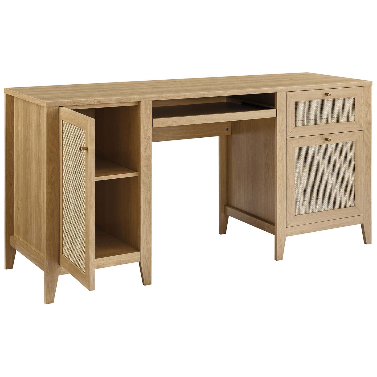 Cabinet door opens to shelving while the keyboard tray glides smoothly beneath the desktop || EEI-6117-OAK || front_angle_open_studio