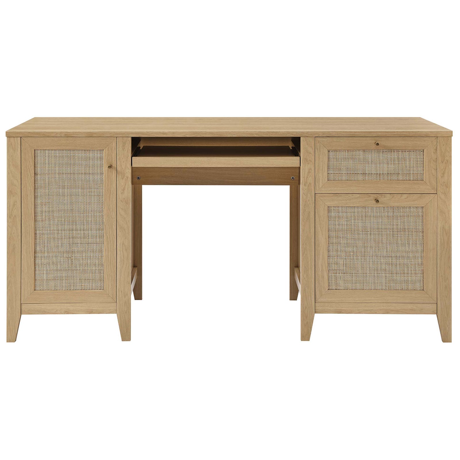 Sleek oak desk with rattan-front storage and a spacious 63-inch work surface || EEI-6117-OAK || front_studio
