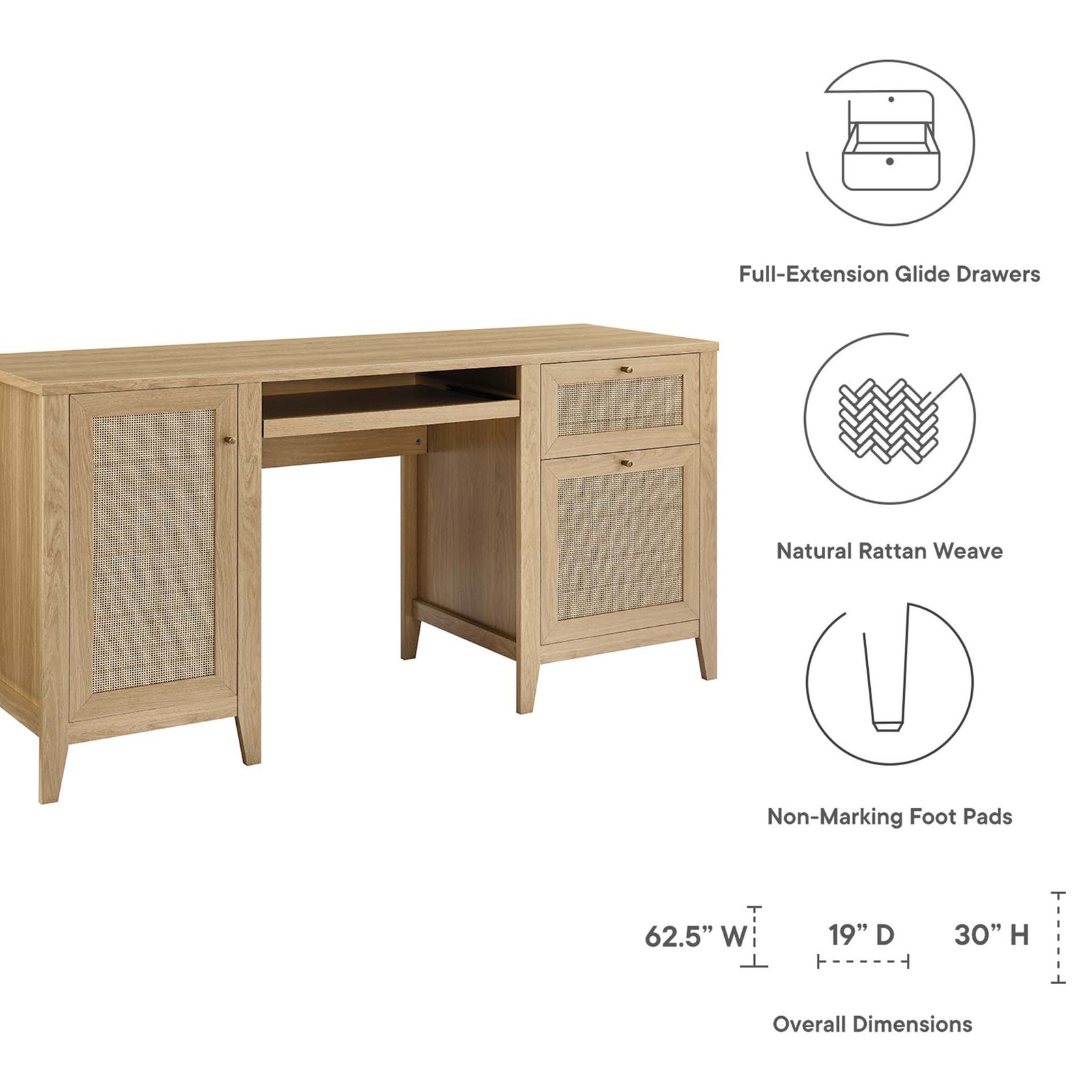 Thoughtful details include full-extension drawers, natural rattan panels, and non-marking feet || EEI-6117-OAK || dimension_studio