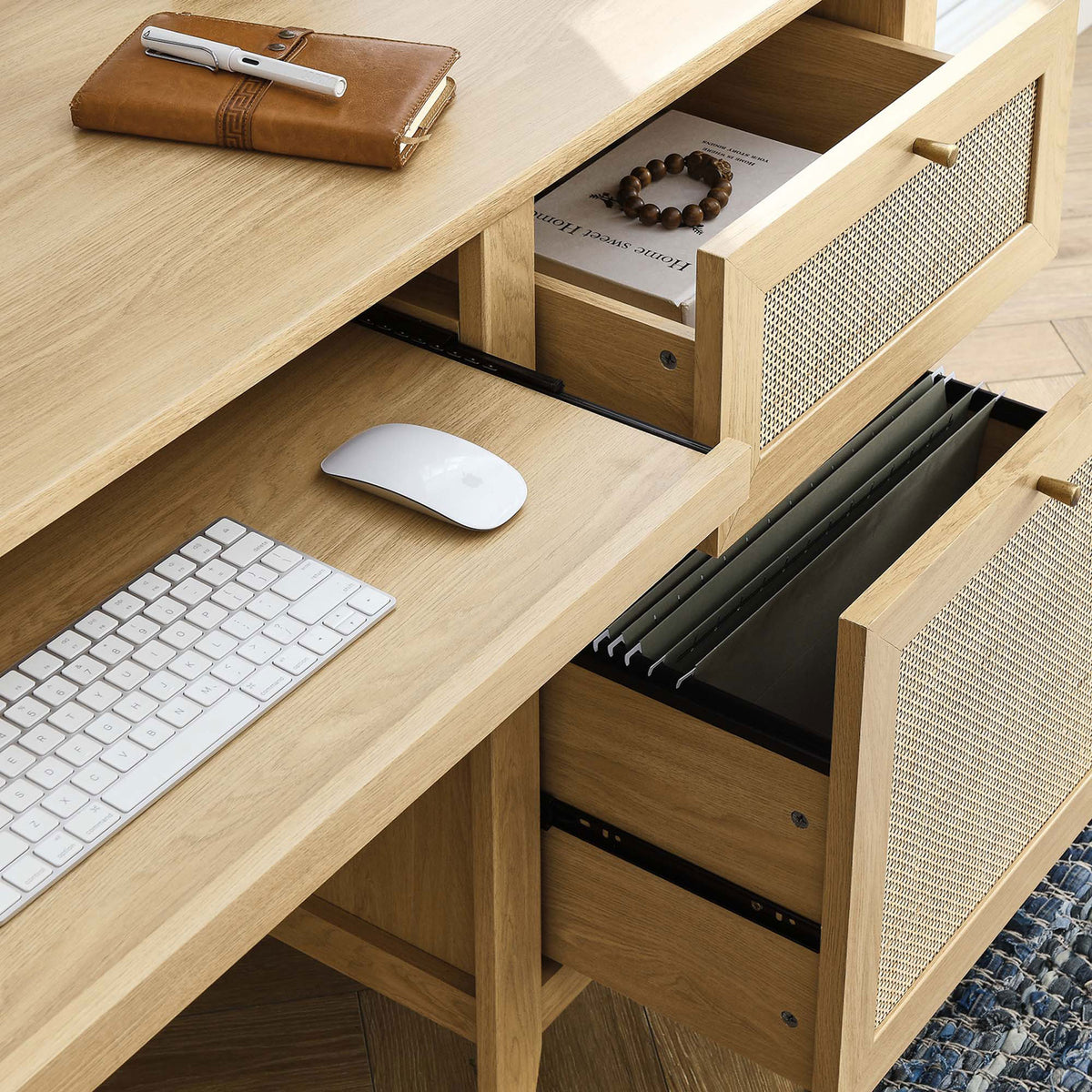 File drawer and keyboard tray organize paperwork and peripherals for a clutter-free desk || EEI-6117-OAK || storage_open_room