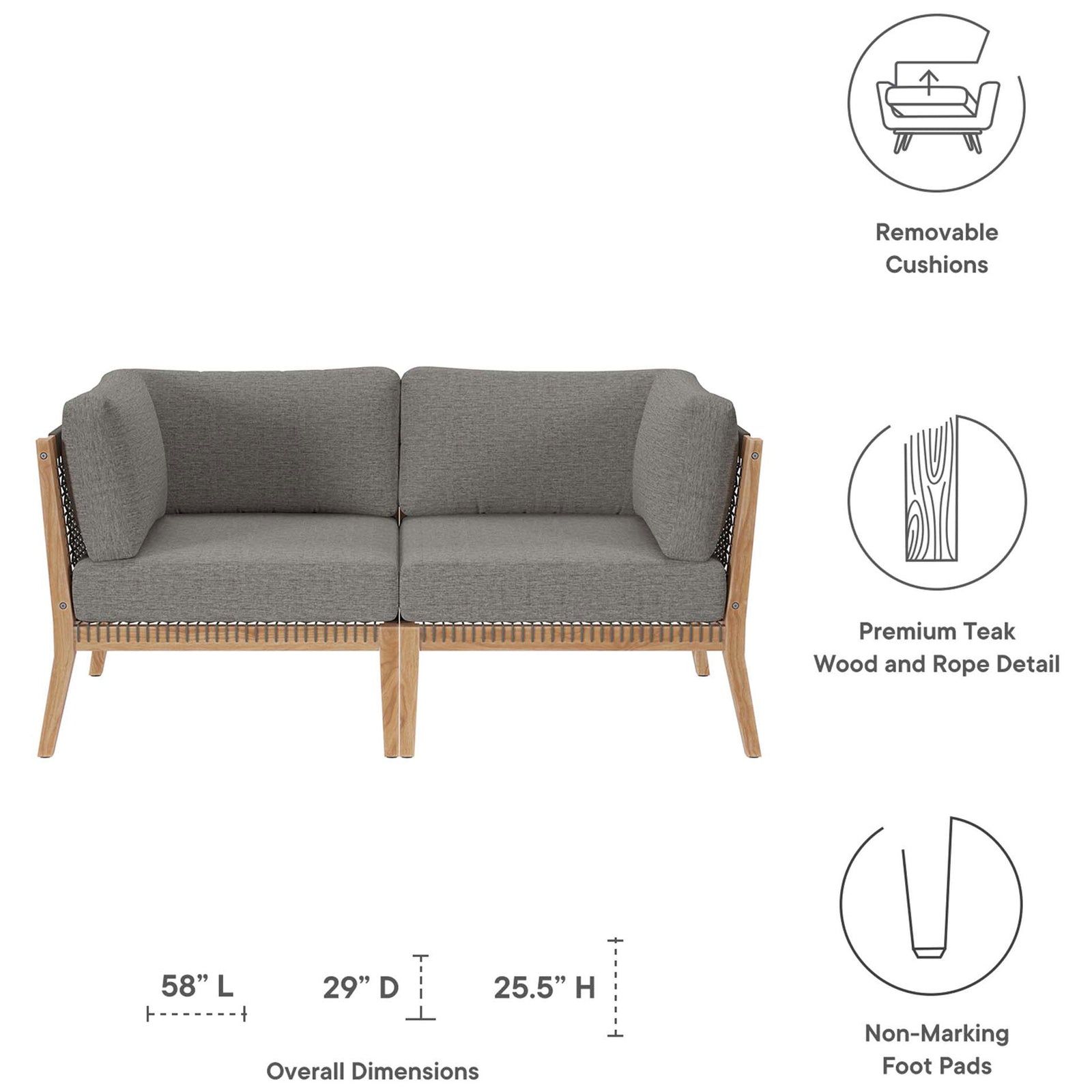 Dimensions and feature callouts for the Clearwater teak loveseat with gray graphite cushions || EEI-6119-GRY-GPH || dimension_studio