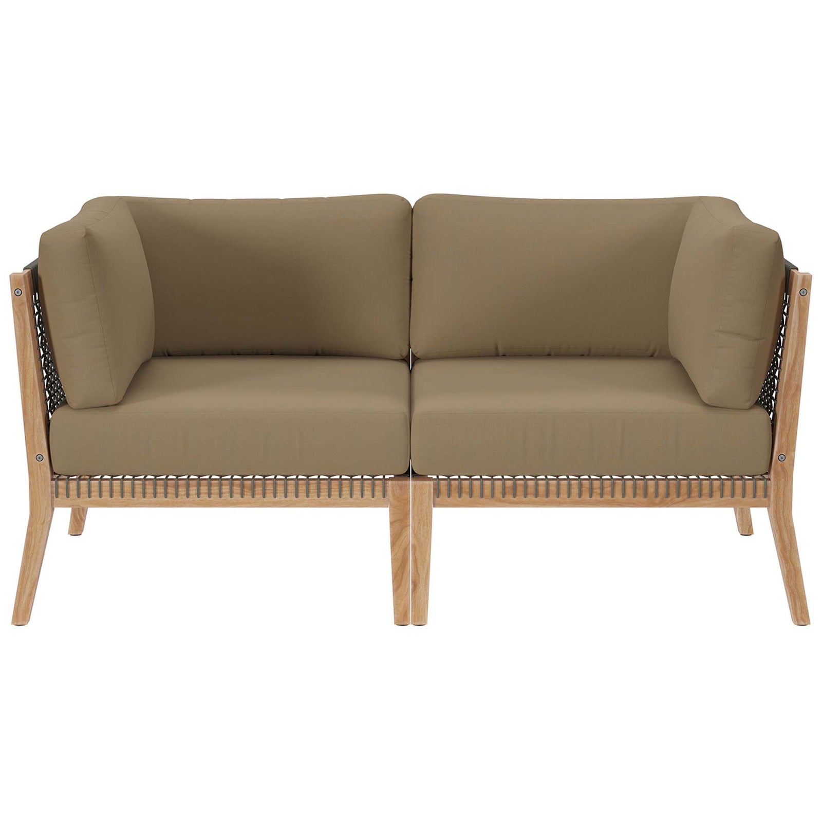 Teak outdoor loveseat with light brown cushions and woven rope sides for breezy comfort || EEI-6119-GRY-LBR || front_studio