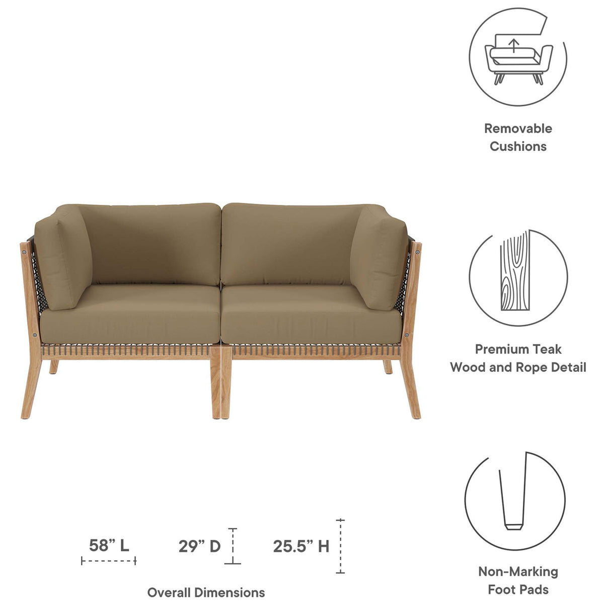 Dimensions and feature callouts for the Clearwater teak loveseat with light brown cushions || EEI-6119-GRY-LBR || dimension_studio