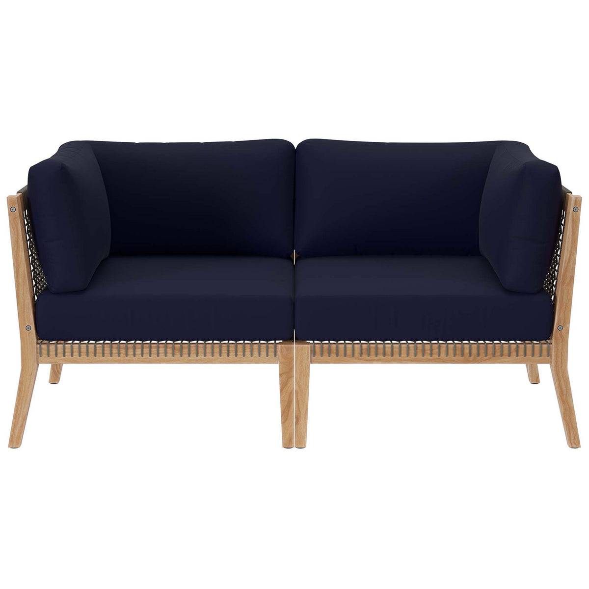 Teak outdoor loveseat with navy blue cushions and woven rope sides for breezy comfort || EEI-6119-GRY-NAV || front_studio
