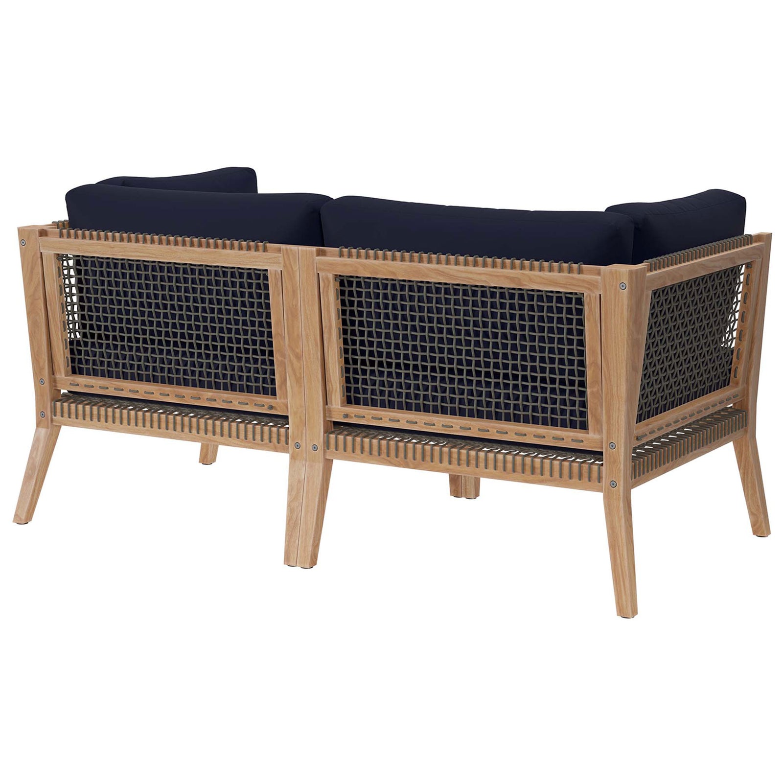 Teak loveseat with navy blue cushions highlighting the woven rope backrest and slim legs || EEI-6119-GRY-NAV || back_angle_studio