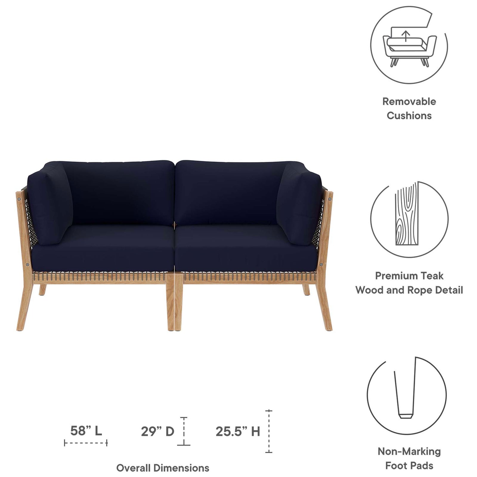 Dimensions and feature callouts for the Clearwater teak loveseat with navy cushions || EEI-6119-GRY-NAV || dimension_studio