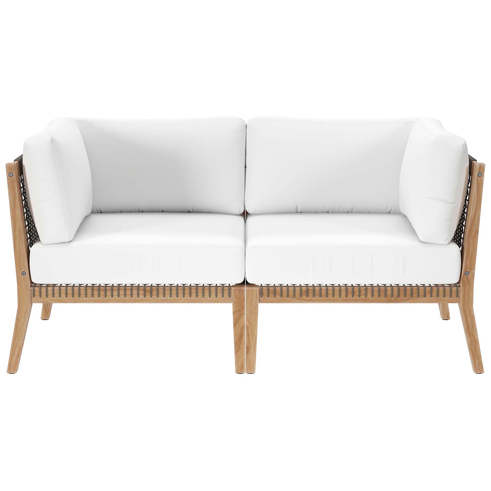 Teak outdoor loveseat with crisp white cushions and woven rope sides for breezy comfort || EEI-6119-GRY-WHI || front_studio