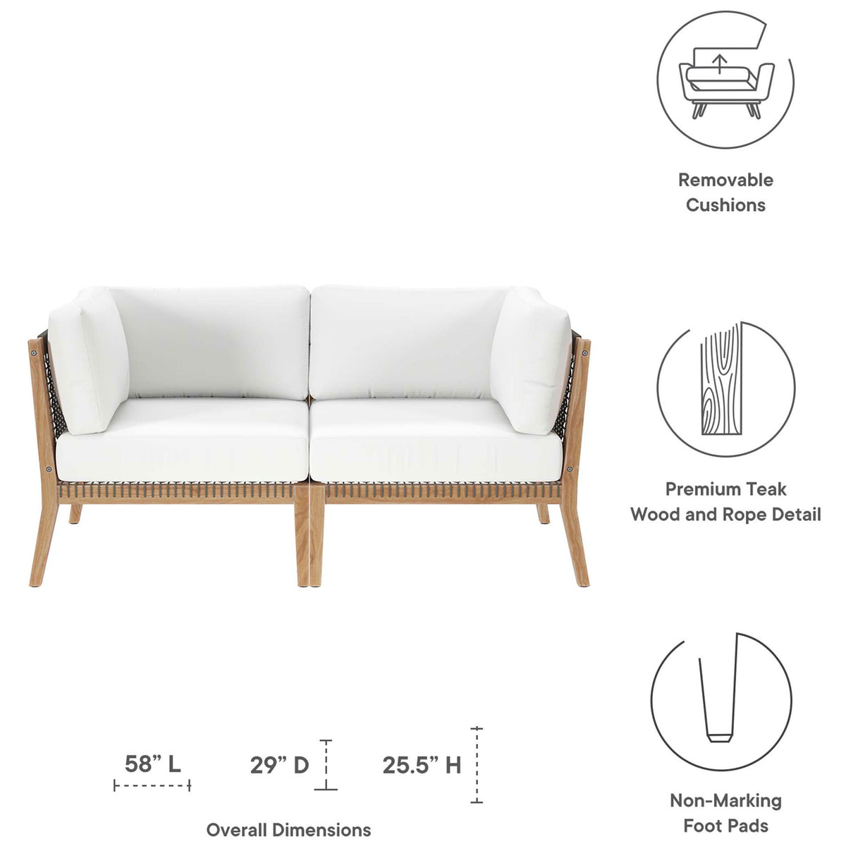 Dimensions and feature callouts for the Clearwater teak loveseat with white cushions || EEI-6119-GRY-WHI || dimension_studio