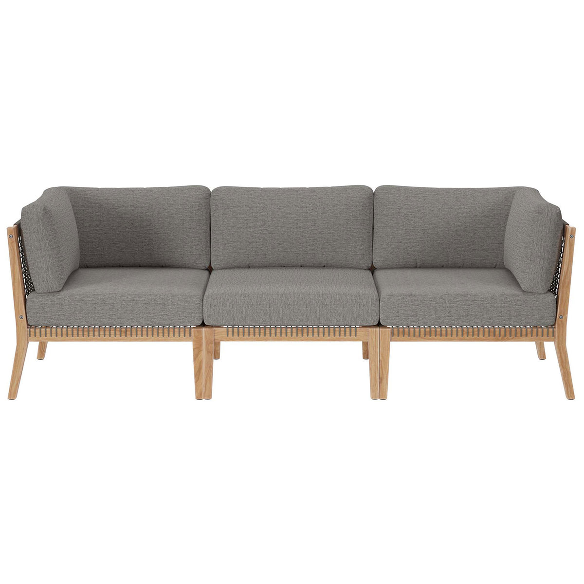 Gray graphite outdoor sofa with three thick cushions on teak wood and rope frame || EEI-6120-GRY-GPH || front_studio