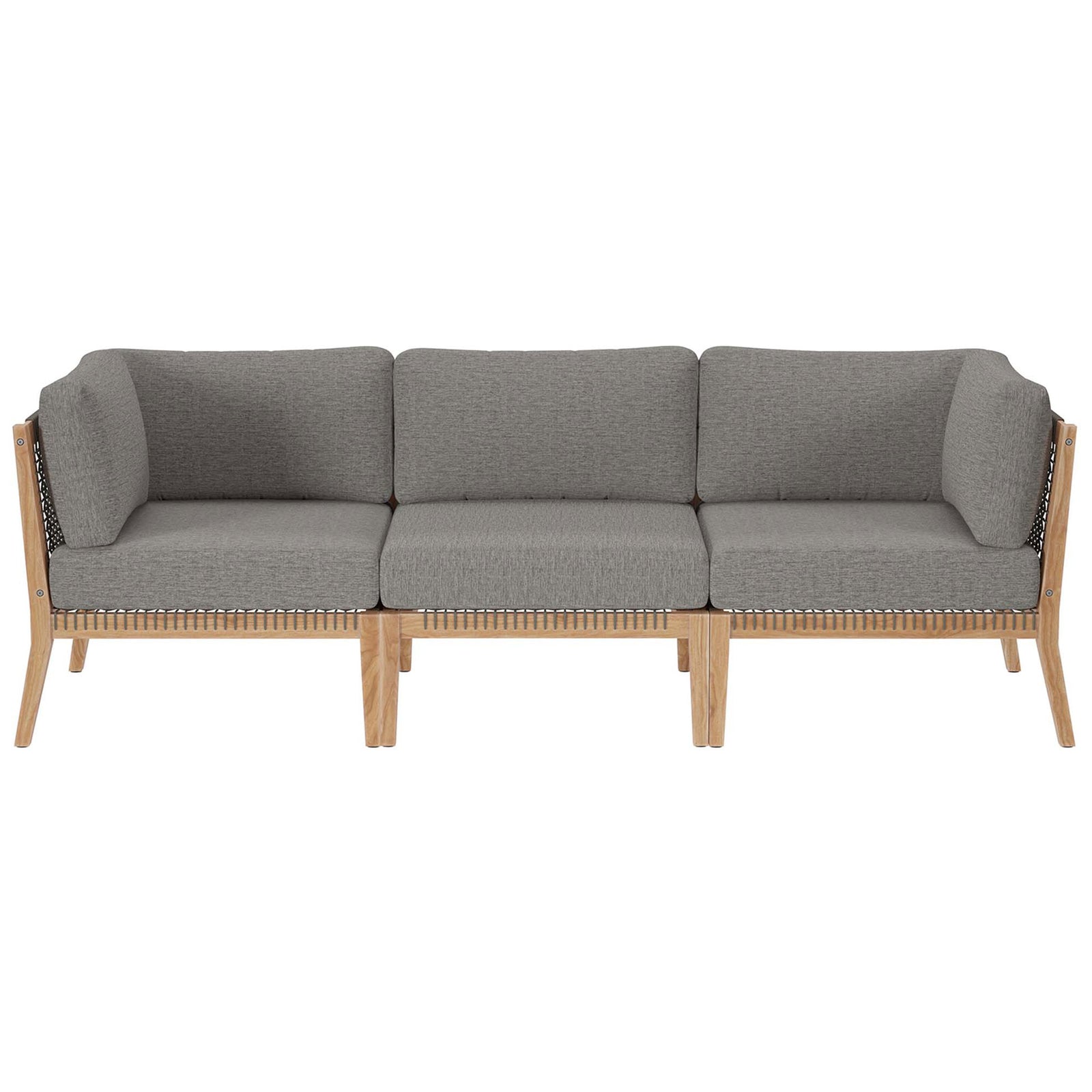 Gray graphite outdoor sofa with three thick cushions on teak wood and rope frame || EEI-6120-GRY-GPH || front_studio