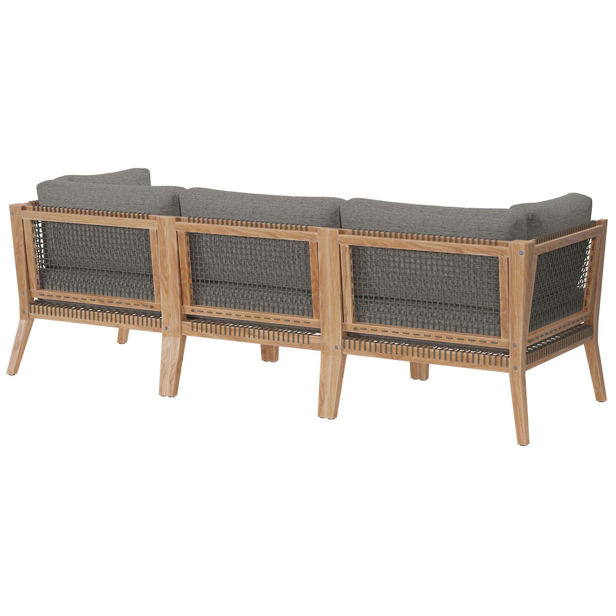 Teak outdoor sofa back with woven rope webbing and gray graphite cushions || EEI-6120-GRY-GPH || back_angle_studio