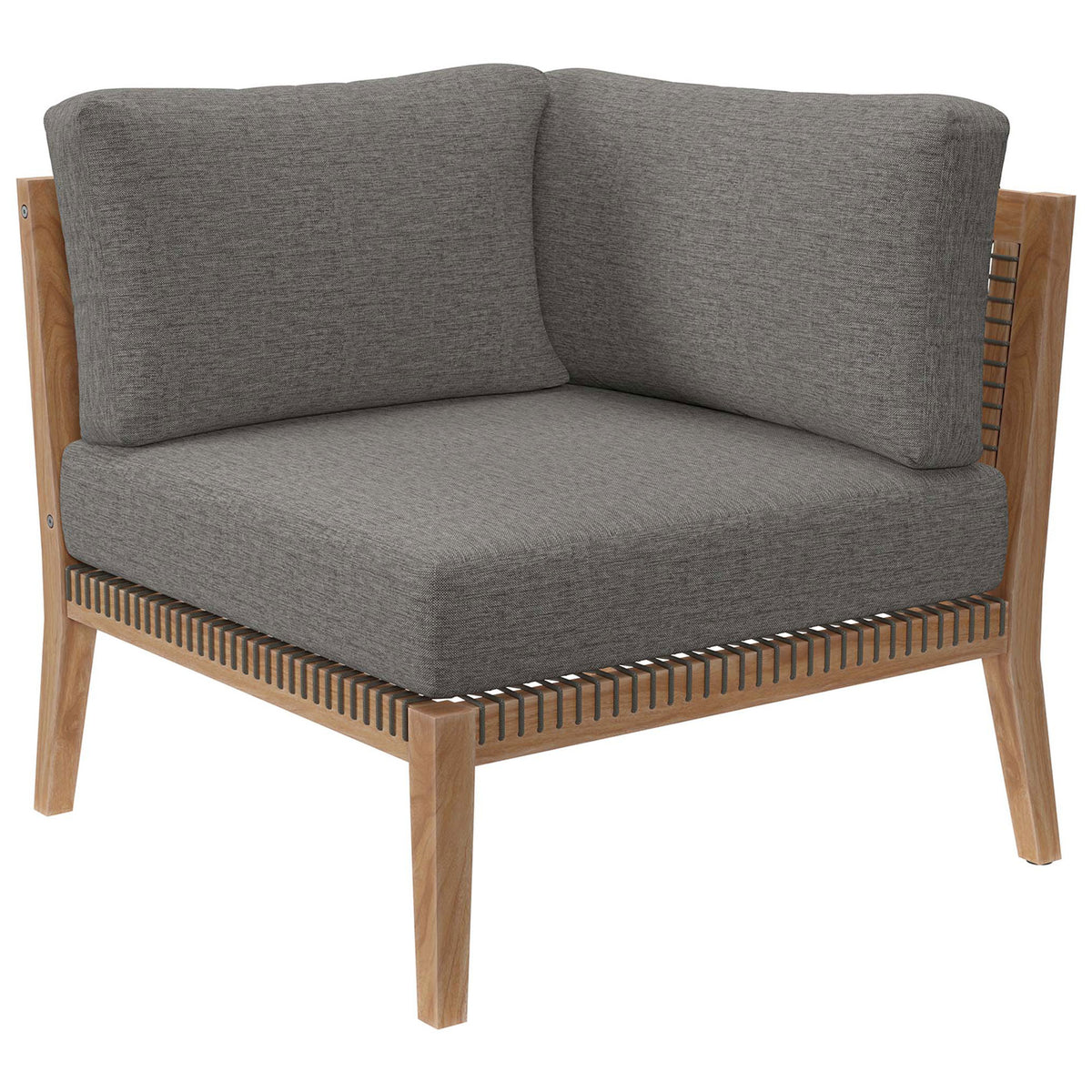 Gray graphite corner chair module with plush cushions and airy teak frame || EEI-6120-GRY-GPH || front_angle_partial_studio