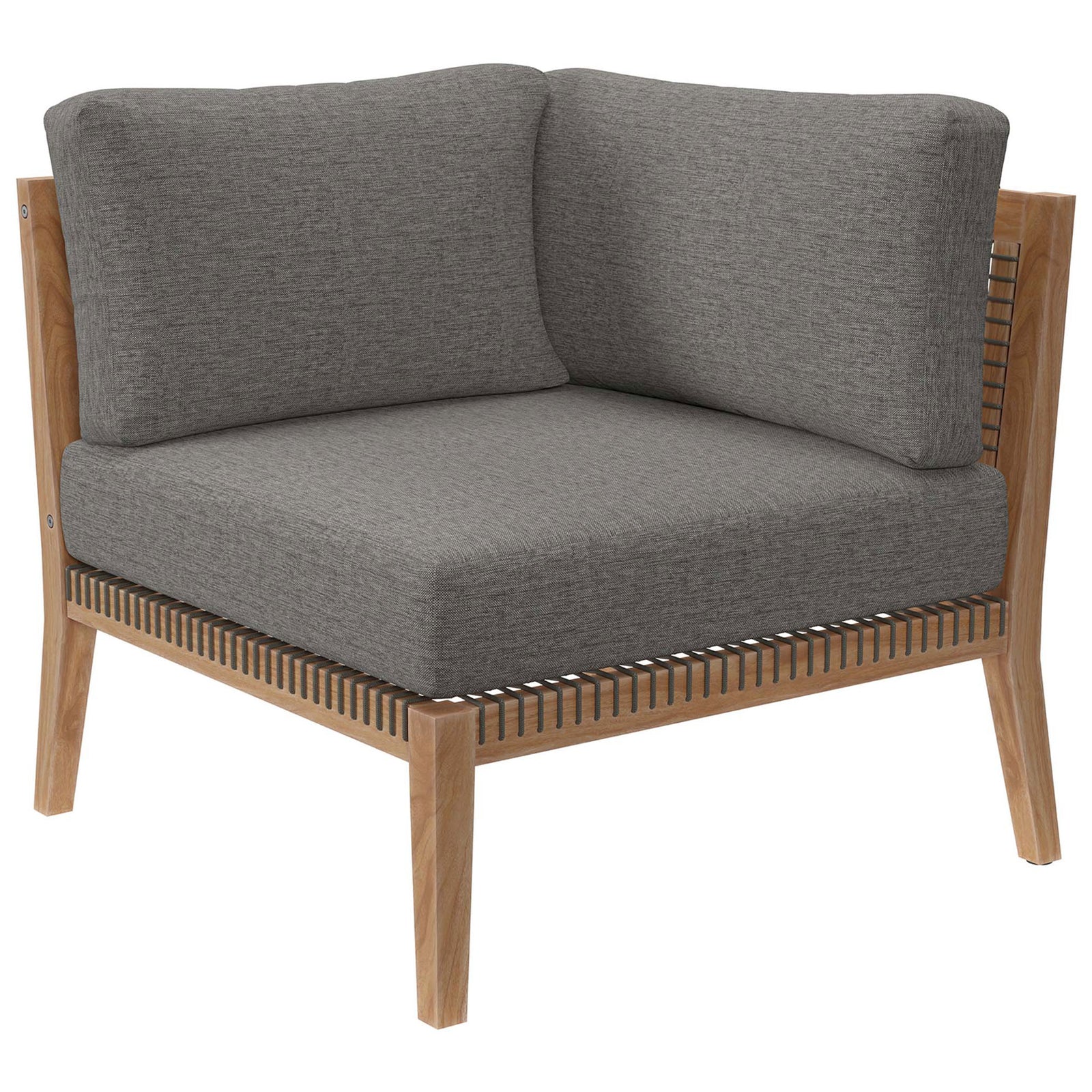 Gray graphite corner chair module with plush cushions and airy teak frame || EEI-6120-GRY-GPH || front_angle_partial_studio