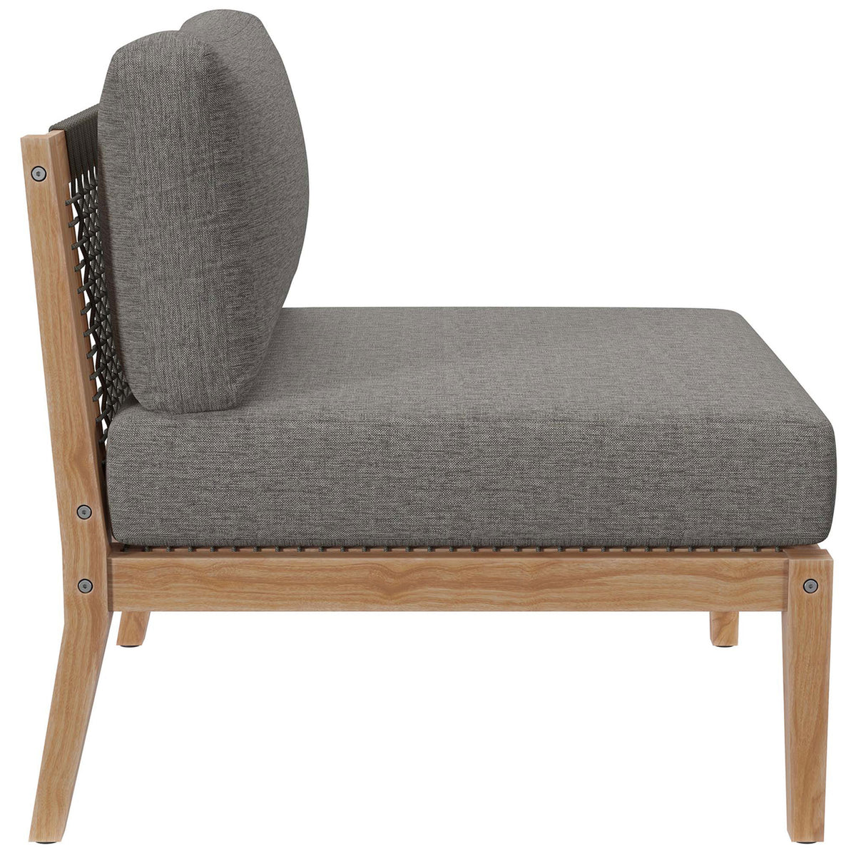 Side of armless chair highlighting teak frame and gray graphite cushion || EEI-6120-GRY-GPH || side_partial_studio
