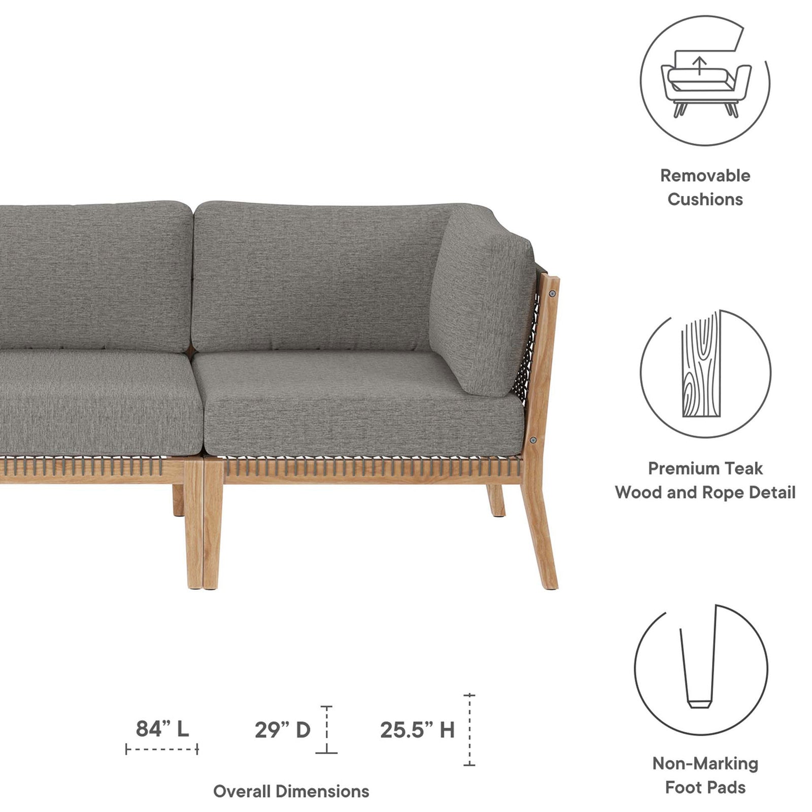Feature graphic highlighting removable gray graphite cushions, teak rope detail, and sofa dimensions || EEI-6120-GRY-GPH || dimension_studio