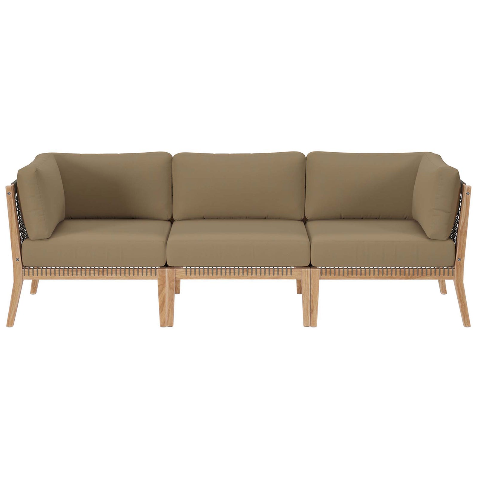 Light brown outdoor sofa with three thick cushions on teak wood and rope frame || EEI-6120-GRY-LBR || front_studio