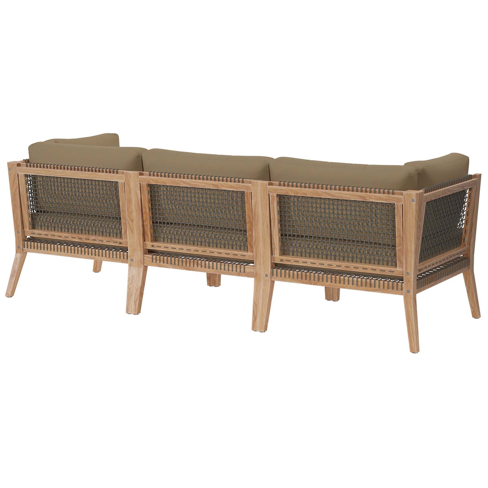 Teak outdoor sofa back with woven rope webbing and light brown cushions || EEI-6120-GRY-LBR || back_angle_studio