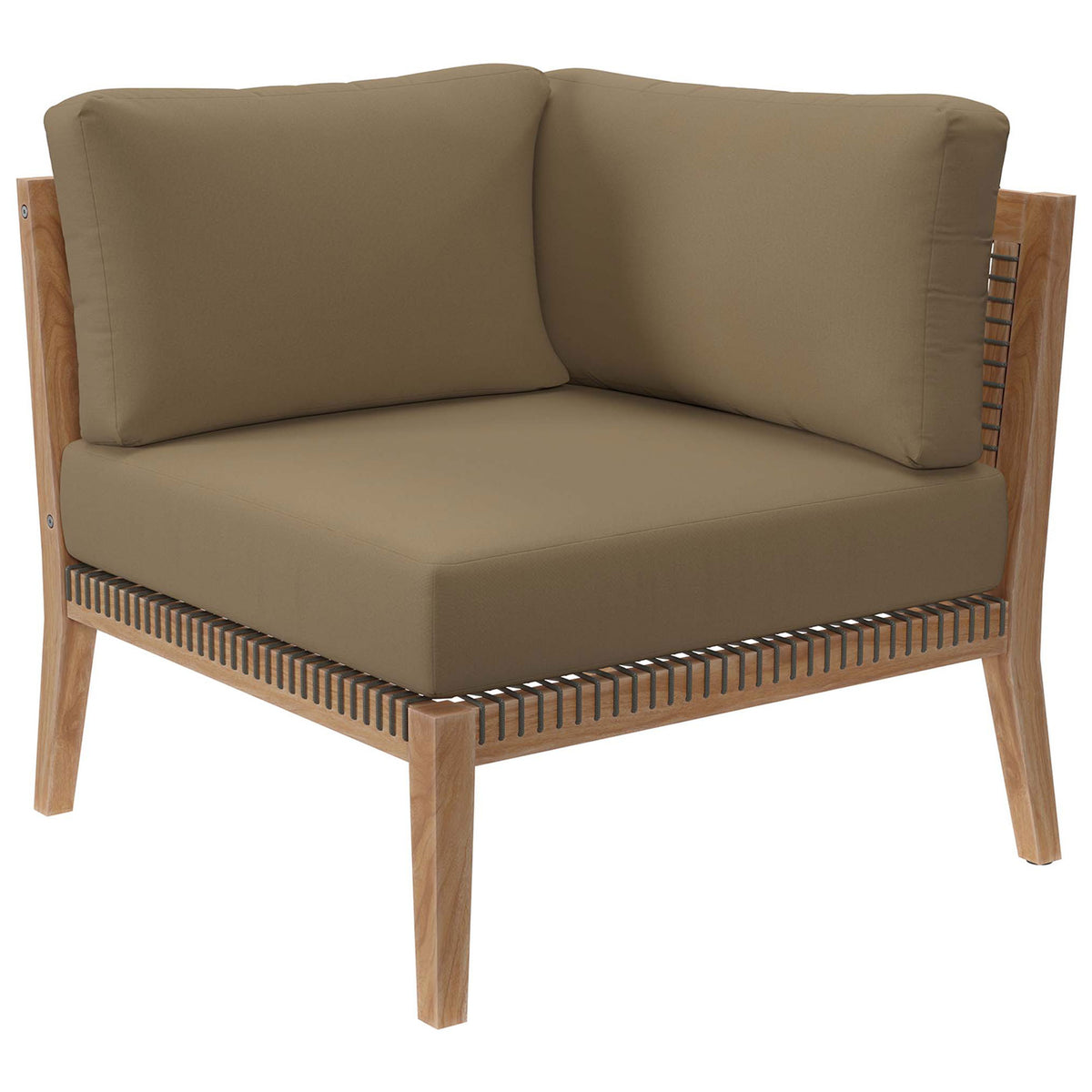 Light brown corner chair module with plush cushions and airy teak frame || EEI-6120-GRY-LBR || front_angle_partial_studio