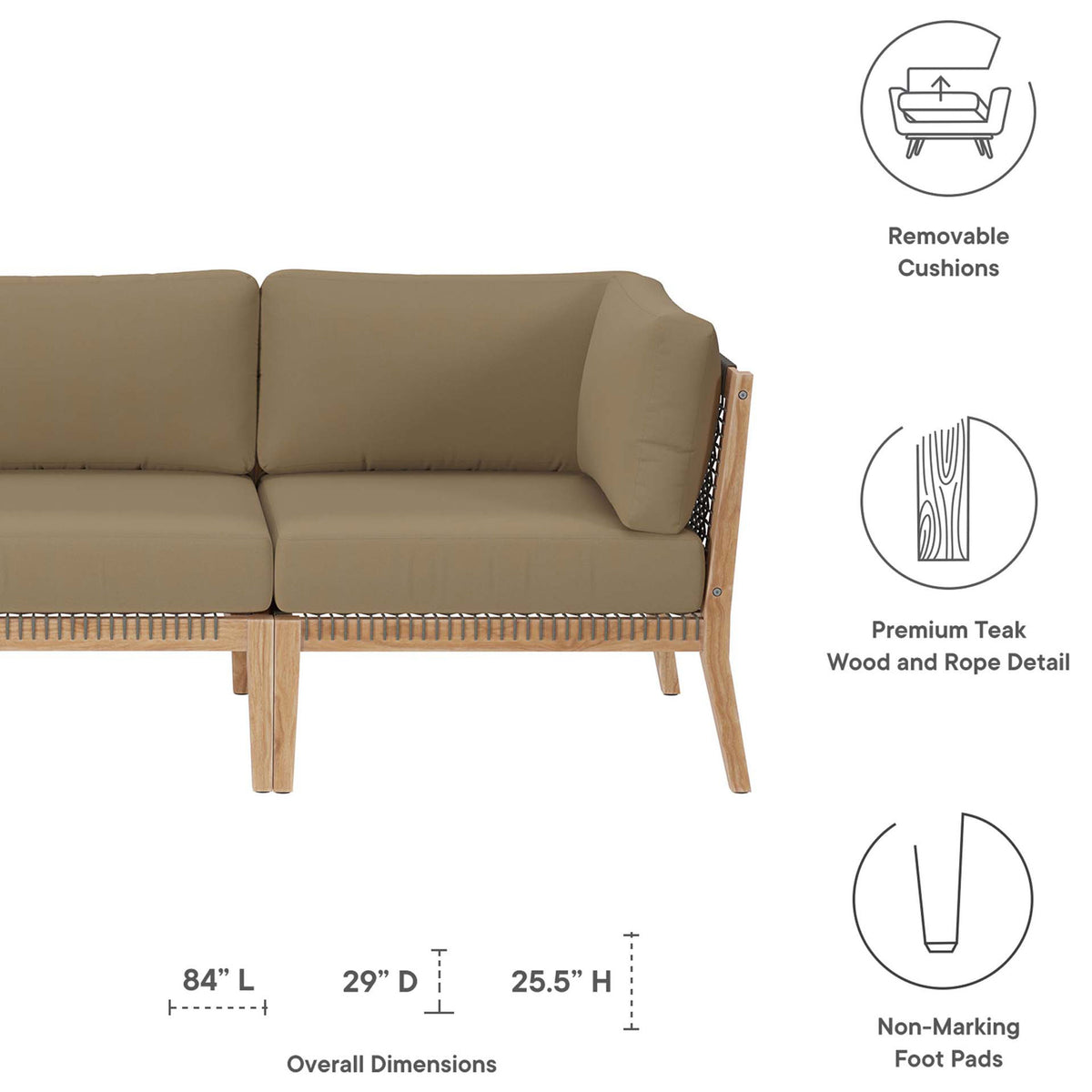 Feature graphic highlighting removable light brown cushions, teak rope detail, and sofa dimensions || EEI-6120-GRY-LBR || dimension_studio