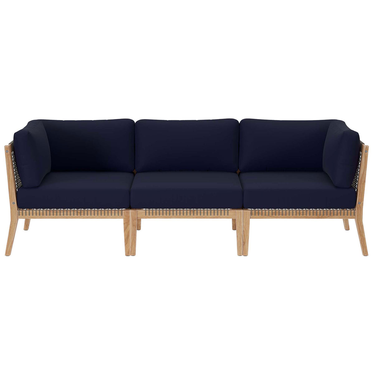 Navy blue outdoor sofa with three thick cushions on teak wood and rope frame || EEI-6120-GRY-NAV || front_studio