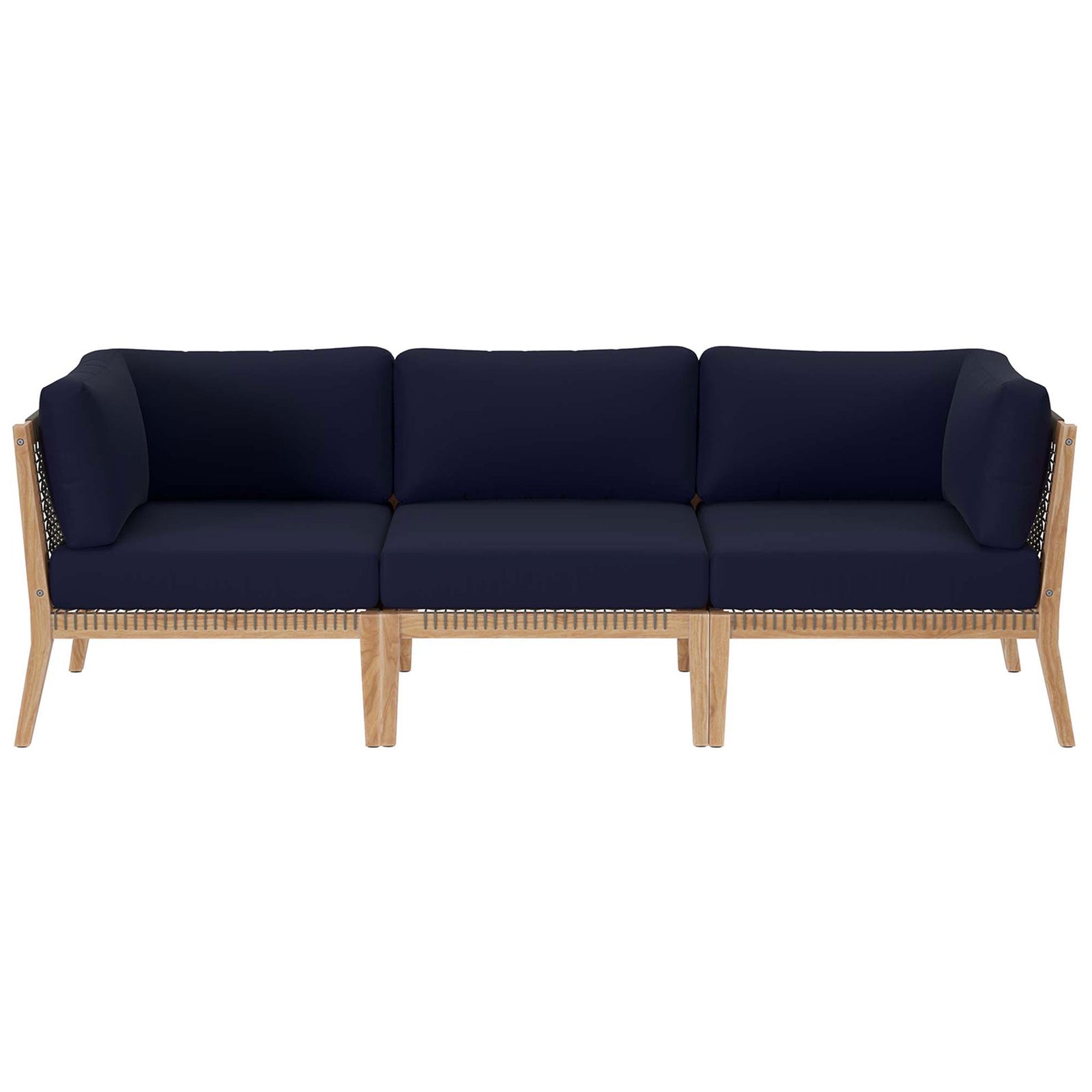 Navy blue outdoor sofa with three thick cushions on teak wood and rope frame || EEI-6120-GRY-NAV || front_studio