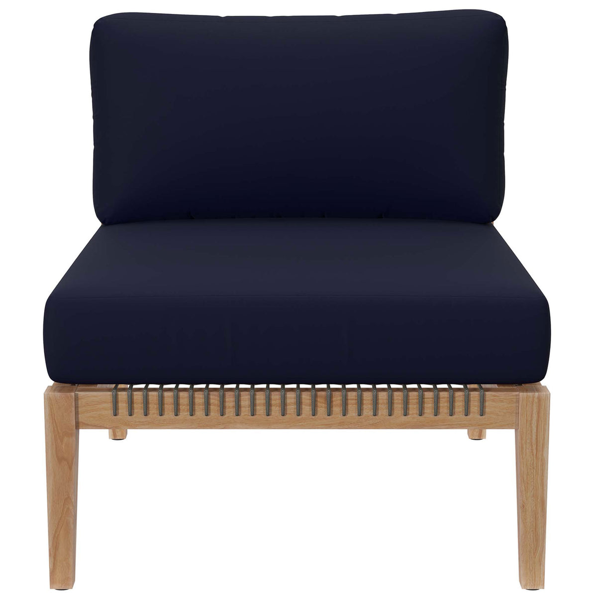 Front of armless chair with wide navy blue cushion and rope seat detail || EEI-6120-GRY-NAV || front_partial_studio