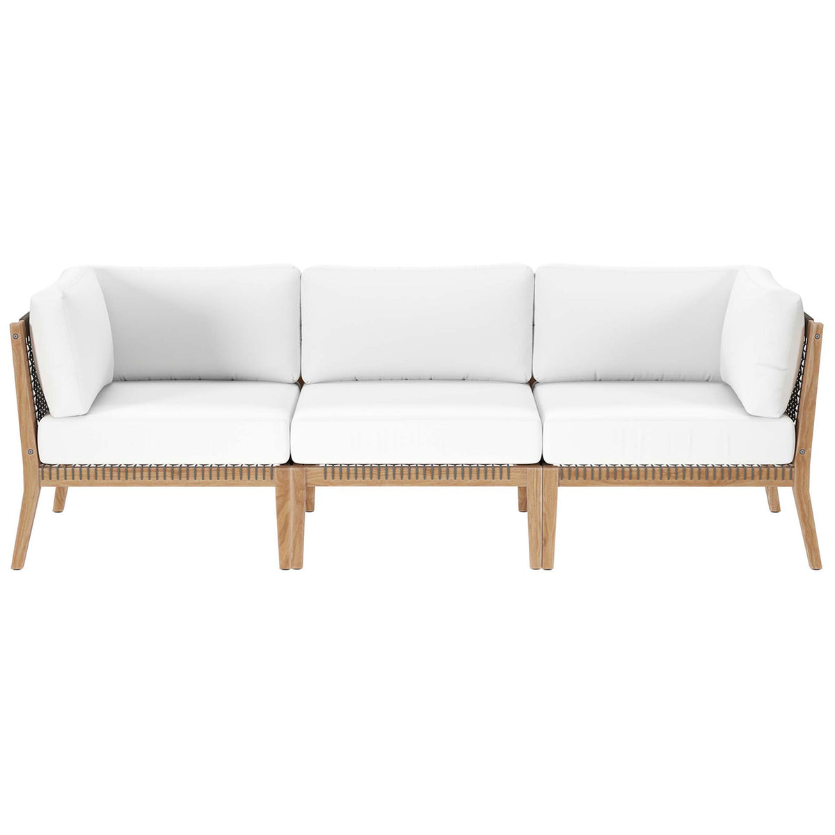 White outdoor sofa with three thick cushions on teak wood and rope frame || EEI-6120-GRY-WHI || front_studio