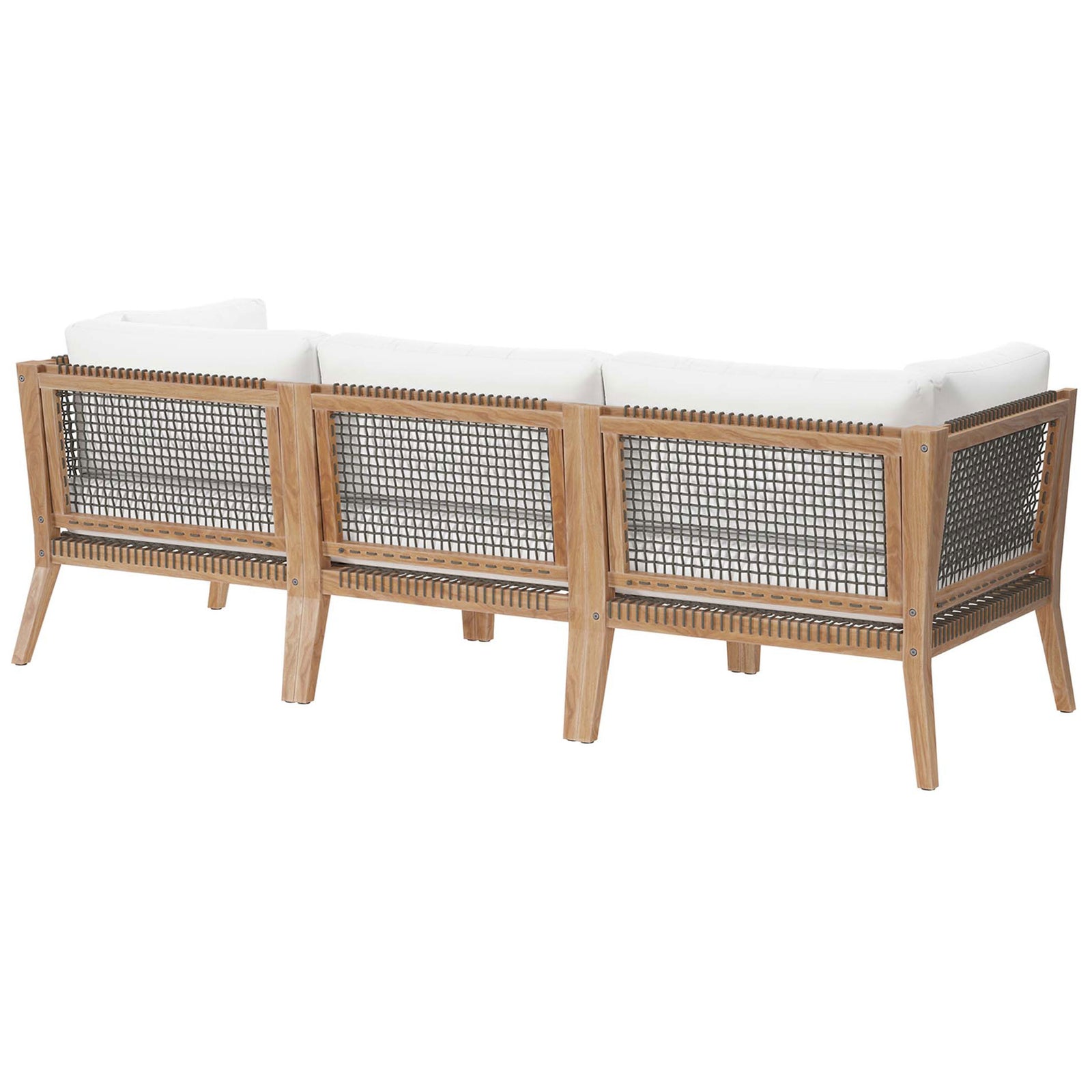 Teak outdoor sofa back with woven rope webbing and crisp white cushions || EEI-6120-GRY-WHI || back_angle_studio