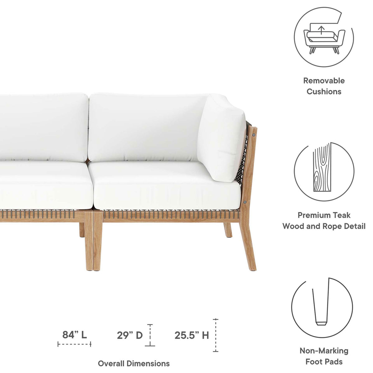 Feature graphic highlighting removable white cushions, teak rope detail, and sofa dimensions || EEI-6120-GRY-WHI || dimension_studio