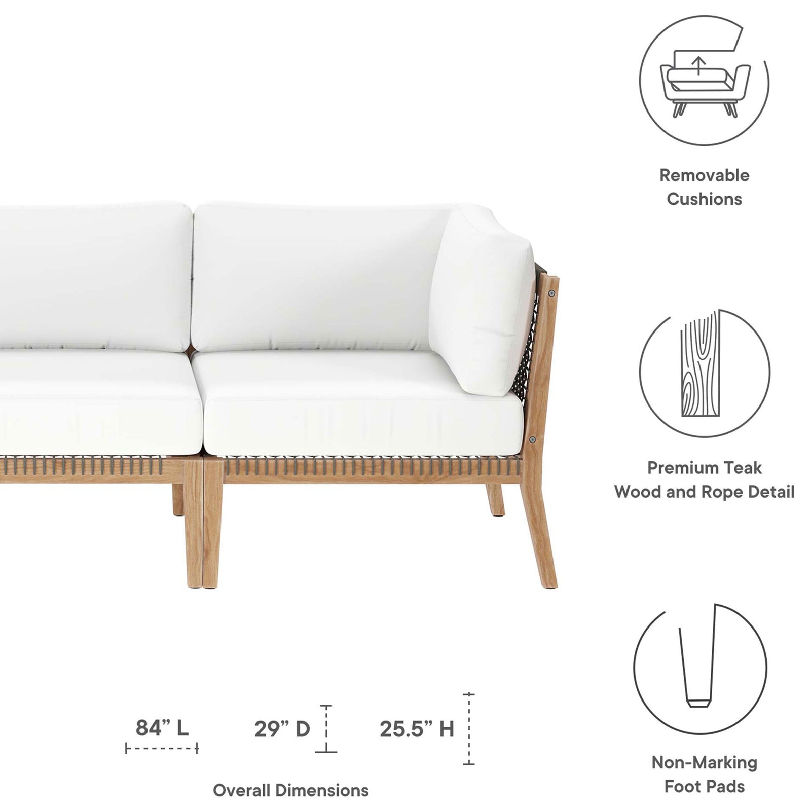 Feature graphic highlighting removable white cushions, teak rope detail, and sofa dimensions || EEI-6120-GRY-WHI || dimension_studio