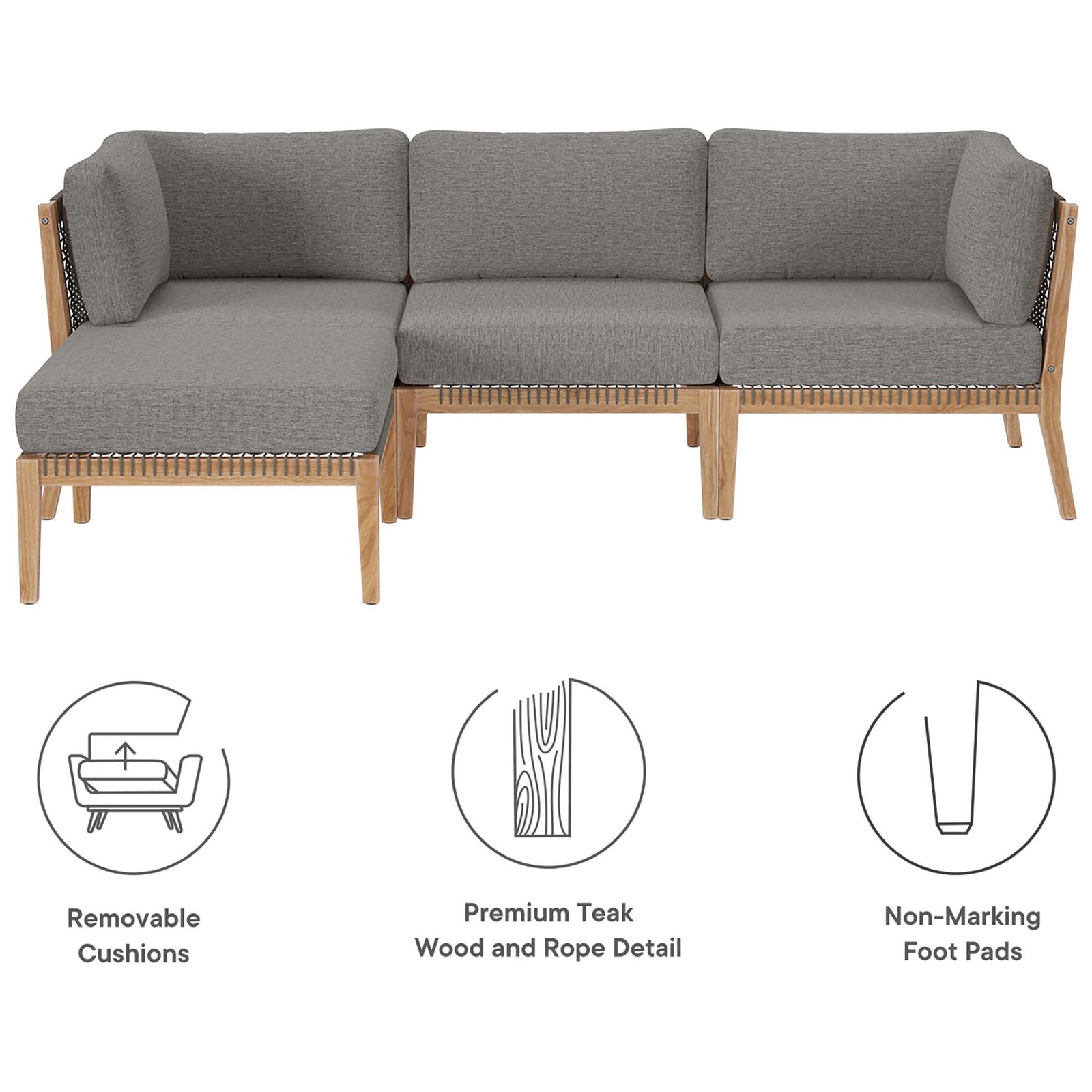 Graphite gray teak patio sectional with removable cushions, premium wood, and non-marking foot pads || EEI-6121-GRY-GPH || callout_studio