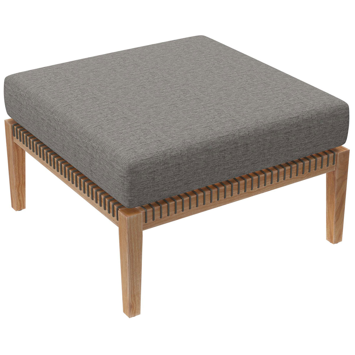 Graphite gray cushioned patio ottoman with teak base and rope-wrapped seat detail || EEI-6121-GRY-GPH || front_angle_partial_studio