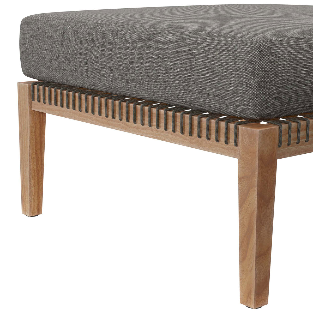 Close-up of teak leg and charcoal rope lattice supporting the graphite gray seat cushion || EEI-6121-GRY-GPH || leg_studio