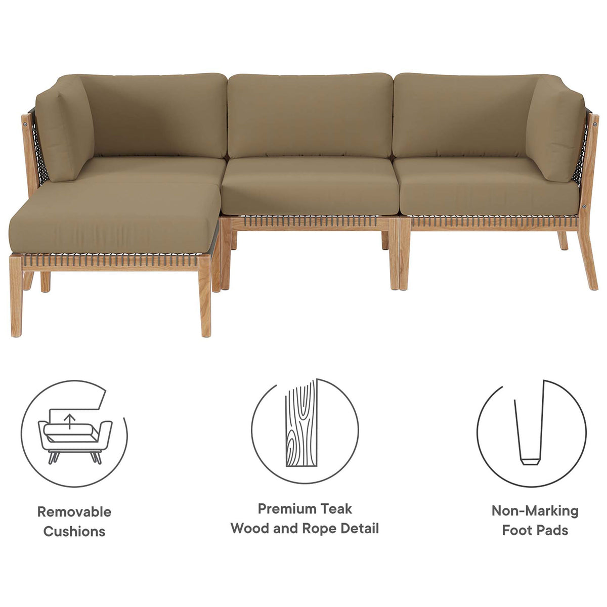Light brown teak patio sectional with removable cushions, premium wood, and non-marking foot pads || EEI-6121-GRY-LBR || callout_studio