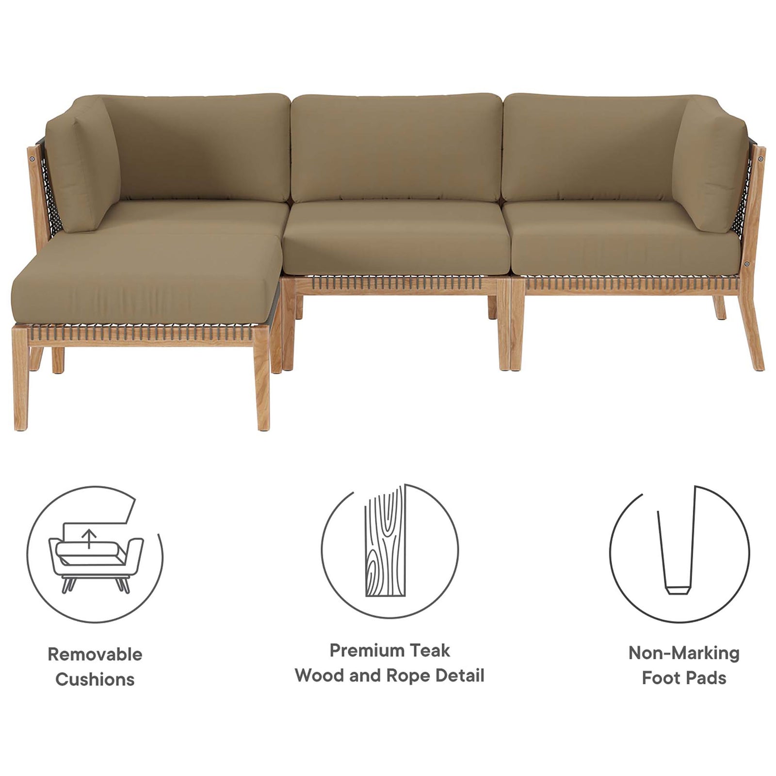 Light brown teak patio sectional with removable cushions, premium wood, and non-marking foot pads || EEI-6121-GRY-LBR || callout_studio