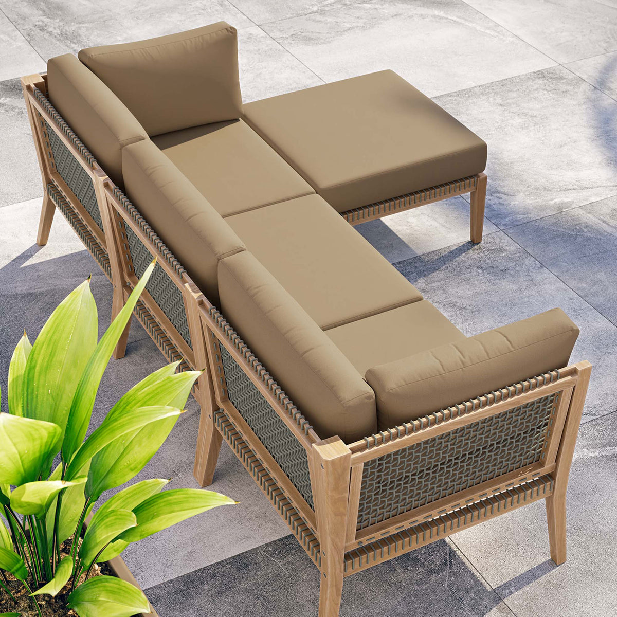 Light brown Clearwater sectional arranged poolside to create a relaxing outdoor lounge nook || EEI-6121-GRY-LBR || top_angle_room