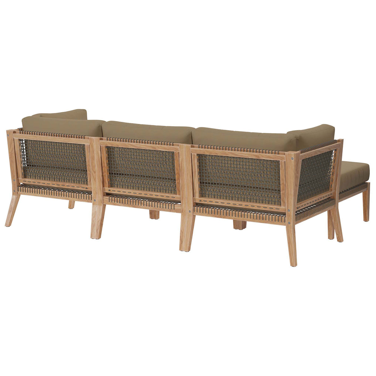Light brown patio sectional with woven rope back and sturdy teak frame || EEI-6121-GRY-LBR || back_studio